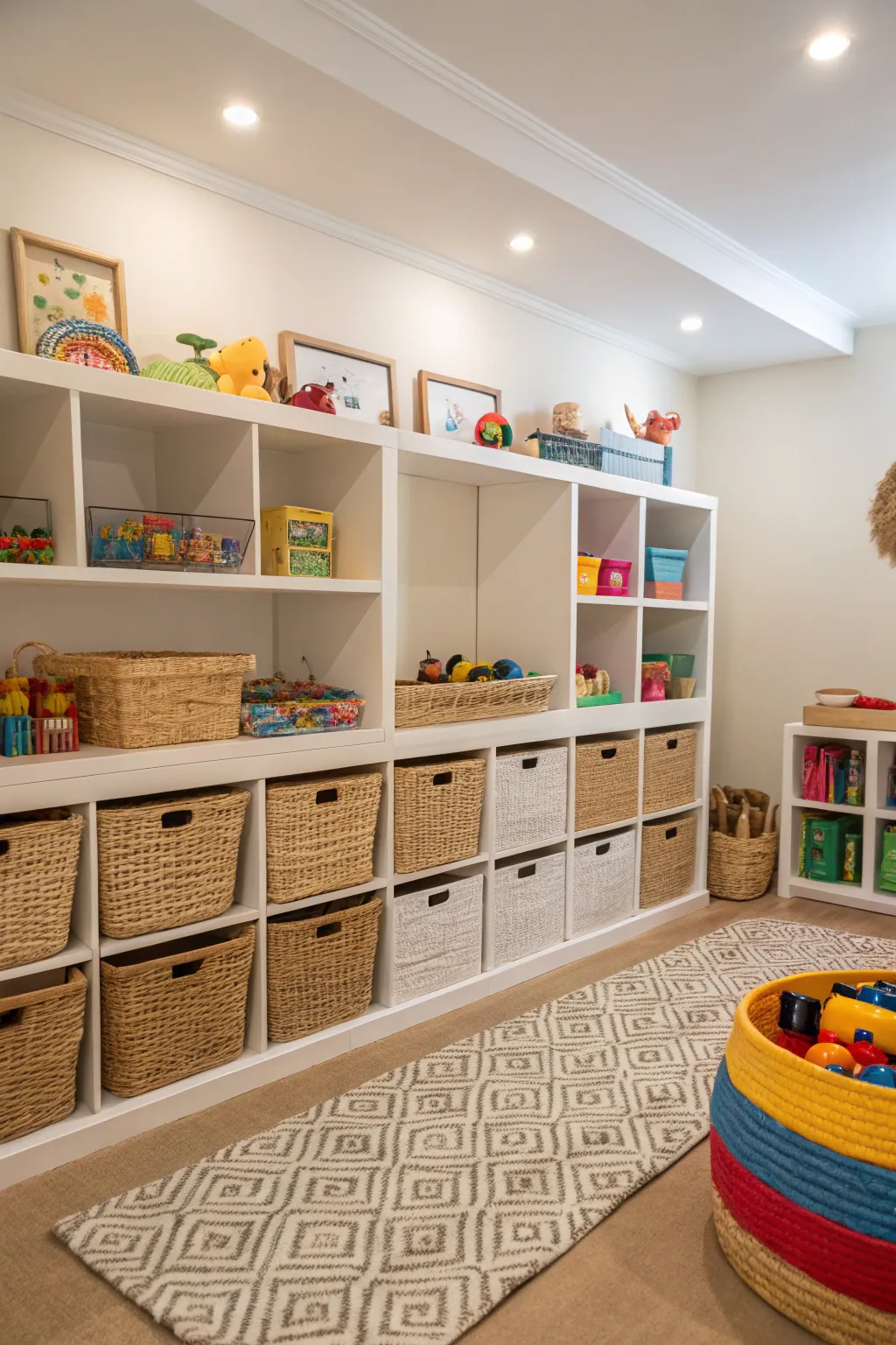 Smart storage keeps the playroom tidy and functional.