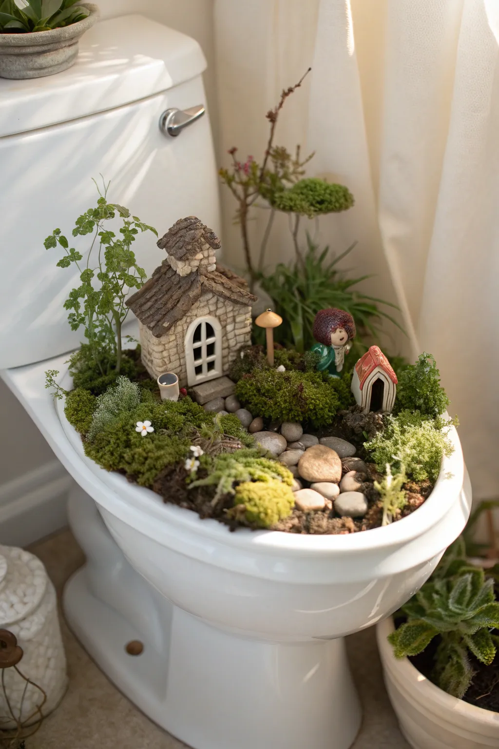 Discover the magic within: A whimsical fairy garden in a unique planter.