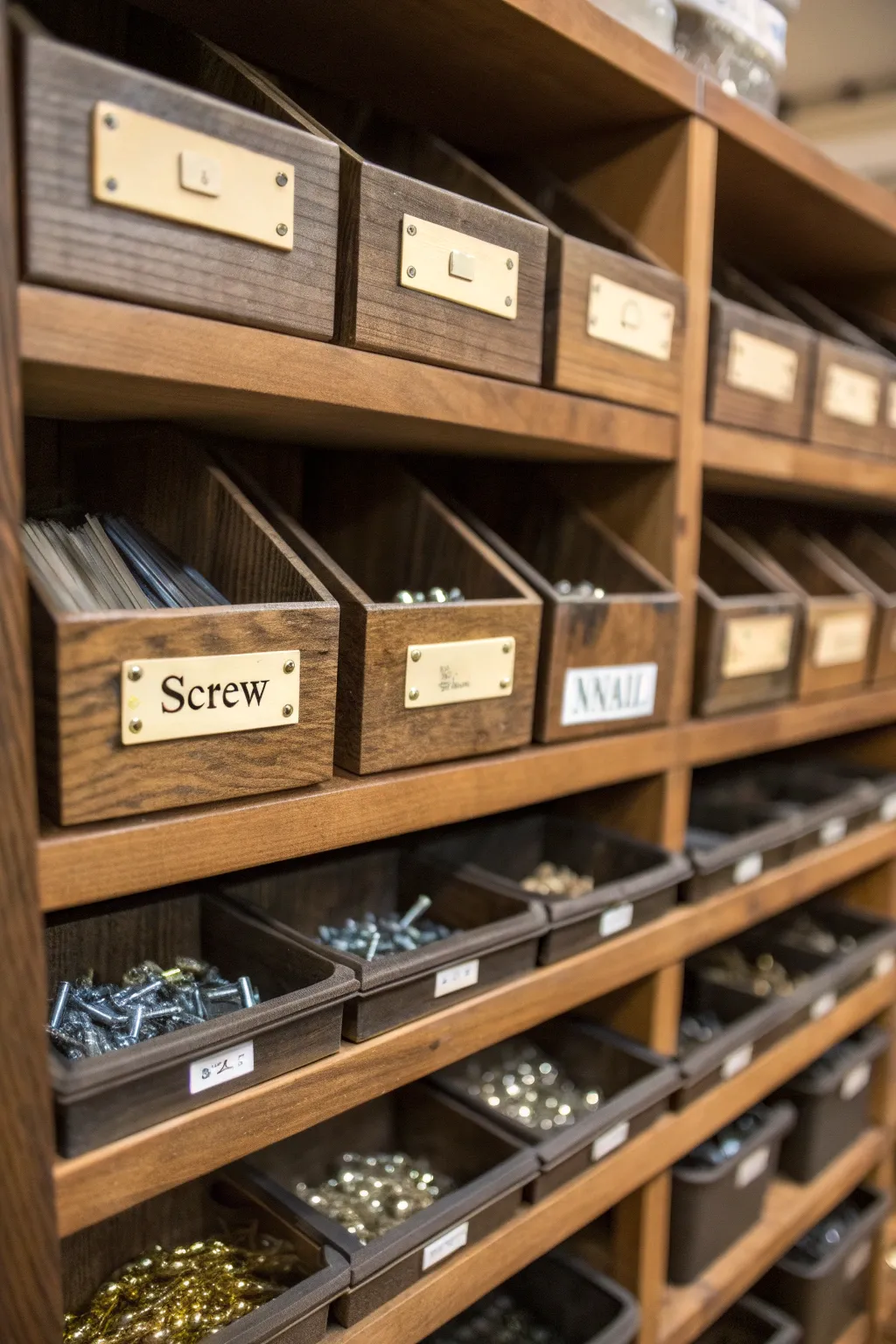 Elevate your workspace with stylishly labeled bins for ultimate organization and a touch of craftsmanship.