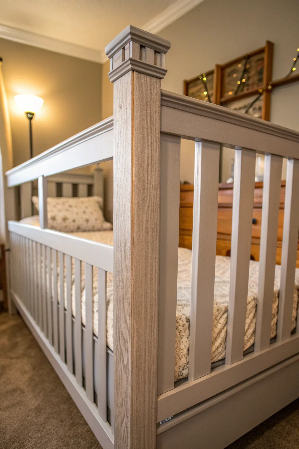Transforming the old into new: A stunning DIY crib rail bunk bed guard that merges safety with style.