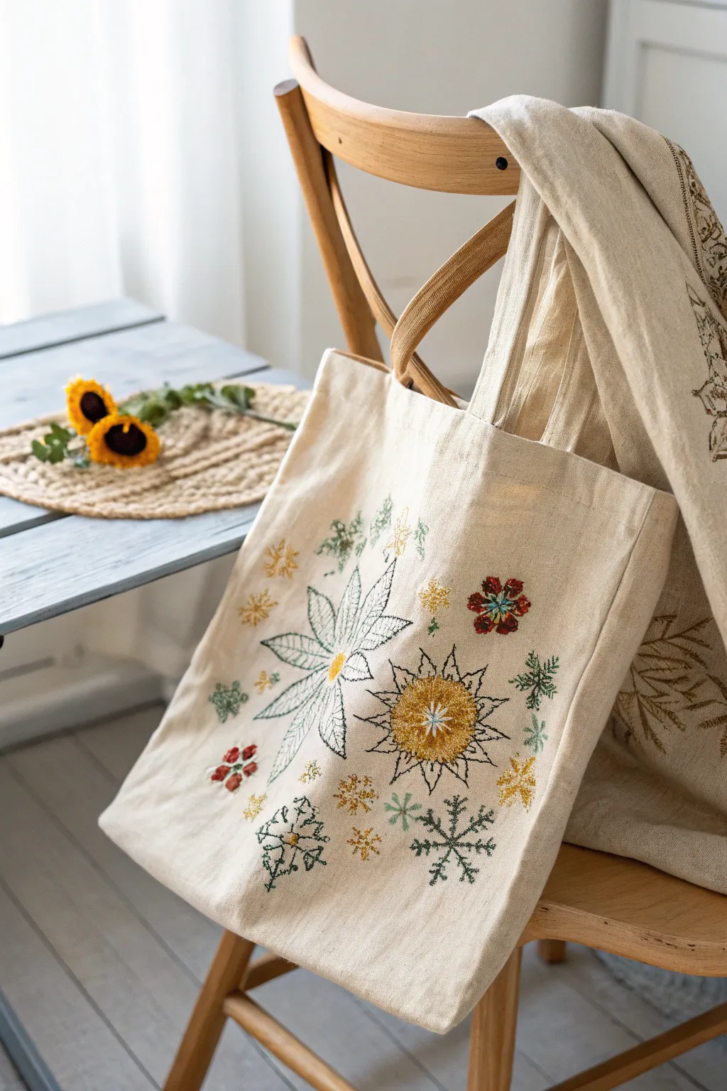 Embrace the season with elegant embroidery: Snowflakes and sunflowers bring your tote to life!