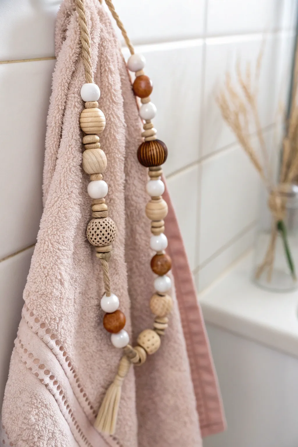 Elevate your bathroom decor with customizable beaded towel tie-backs, blending minimalist elegance and bohemian charm.