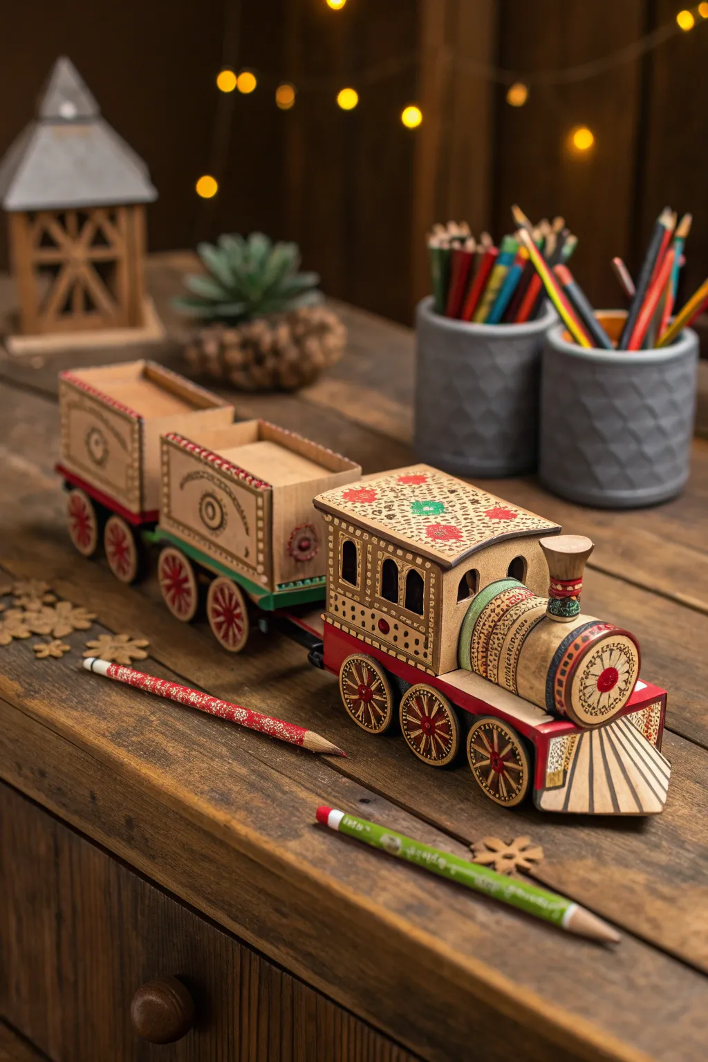 Elevate your desk aesthetics with a handcrafted cardboard train set—where creativity meets organization.