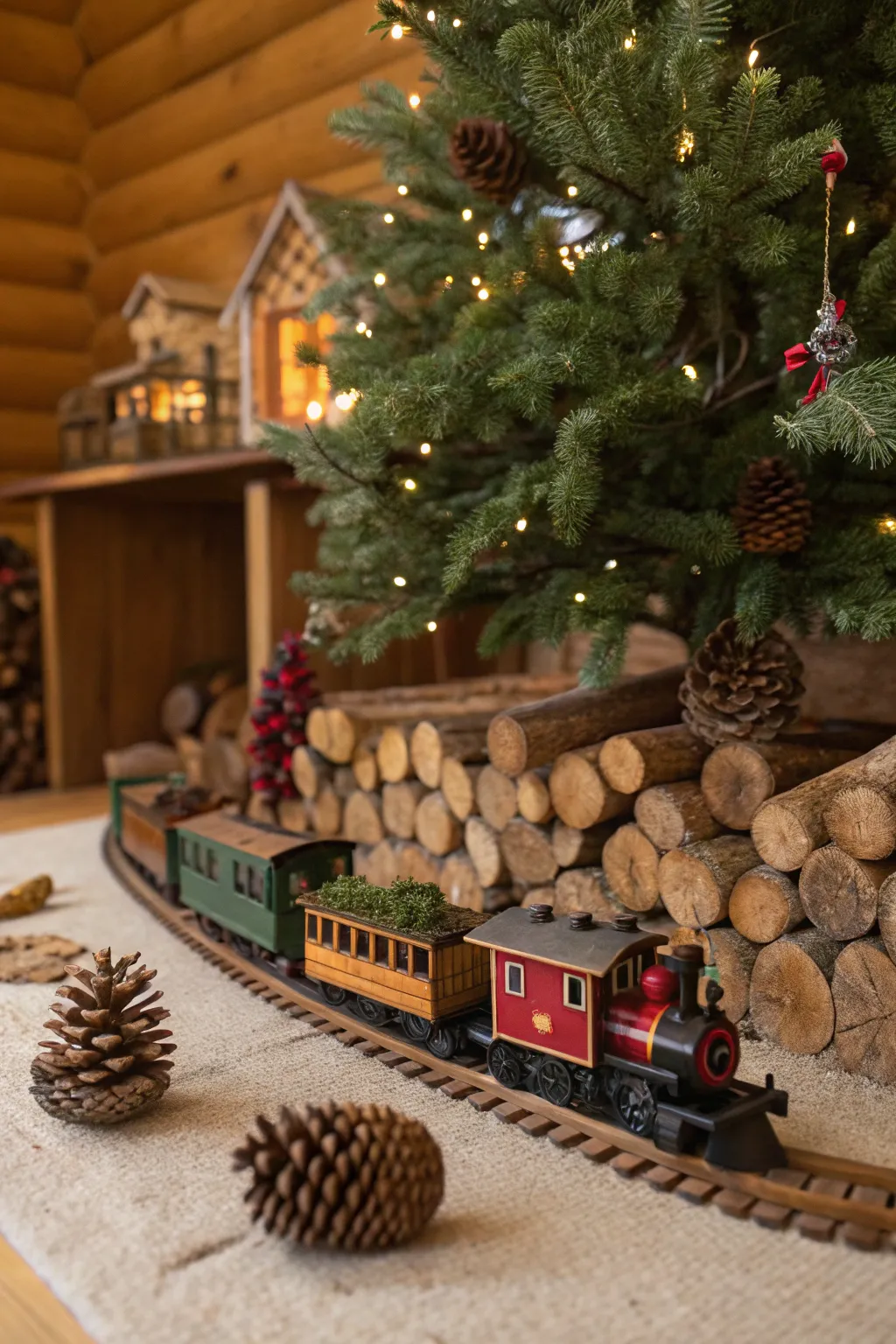 A rustic train setup exudes warmth and charm.