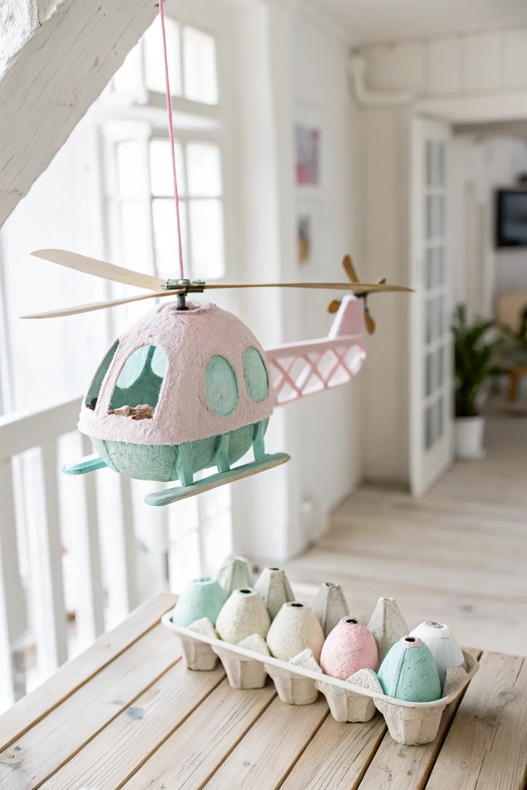 Transform simple materials into whimsical wonders with this DIY egg carton helicopter.