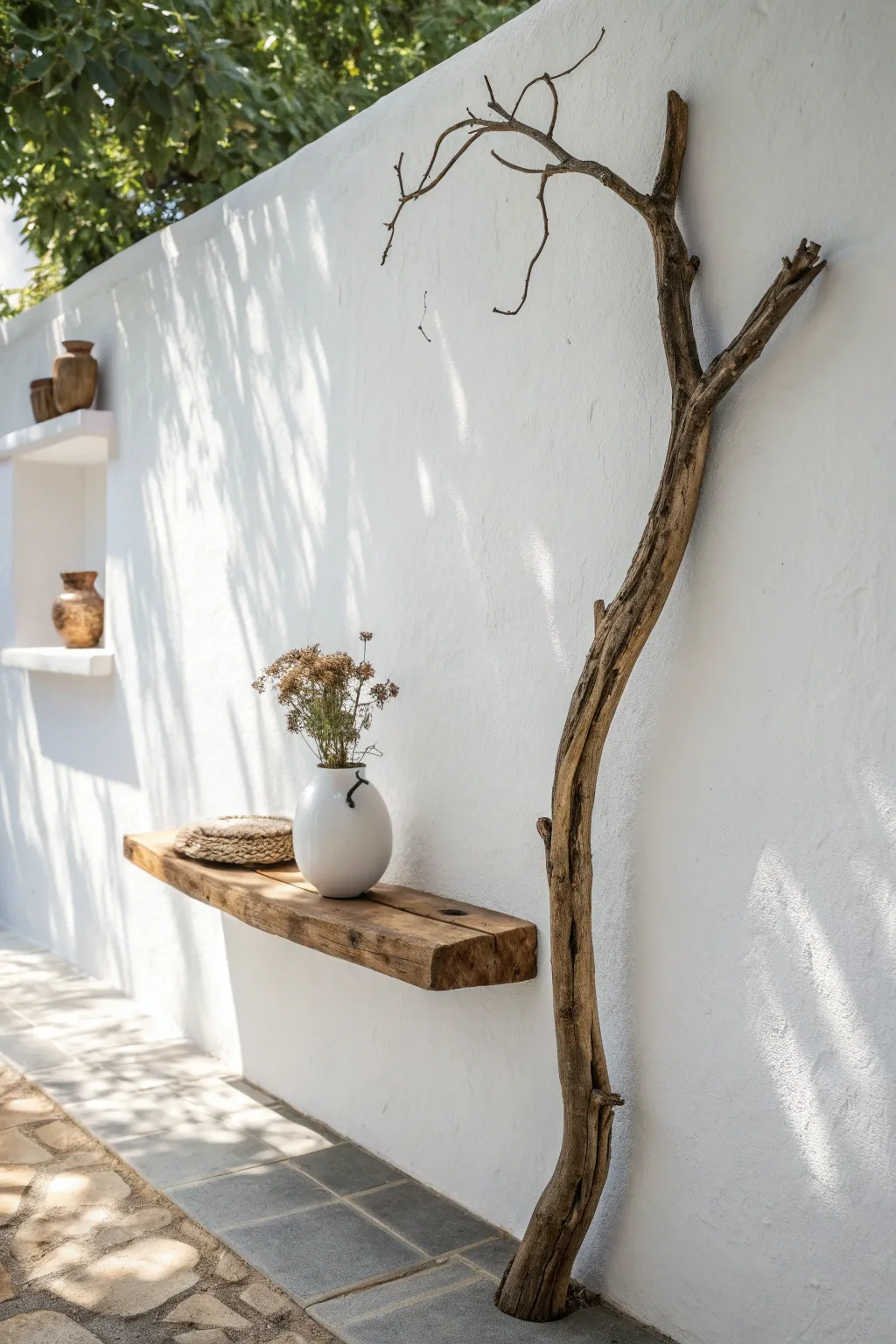 Elevate your space with nature's elegance: a Scandinavian-inspired floating branch shelf.
