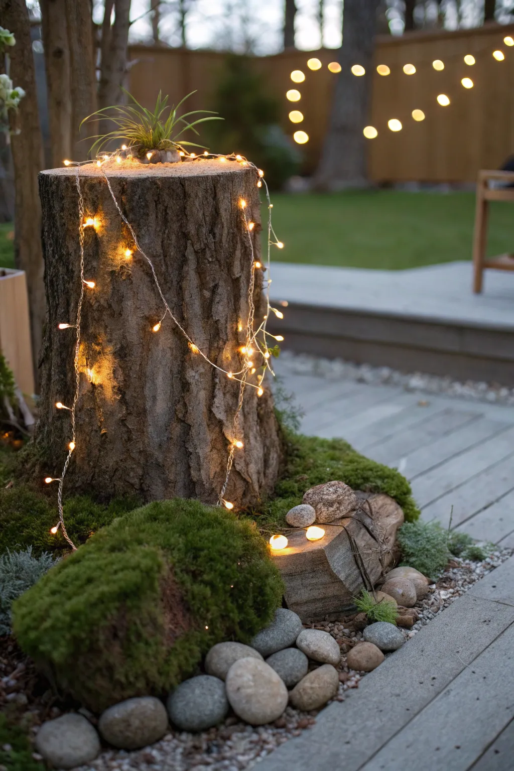 Transform your garden into a magical fairy haven with enchanting string lights.