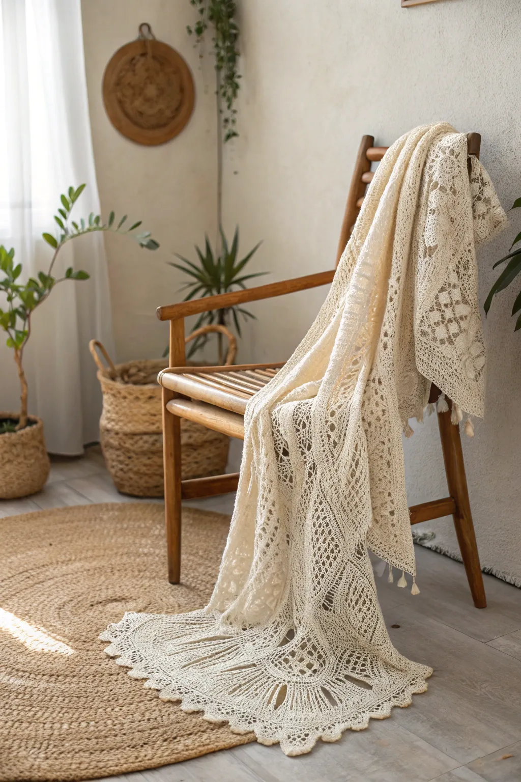 Add a touch of natural elegance to any outfit with this stunning lace shawl.
