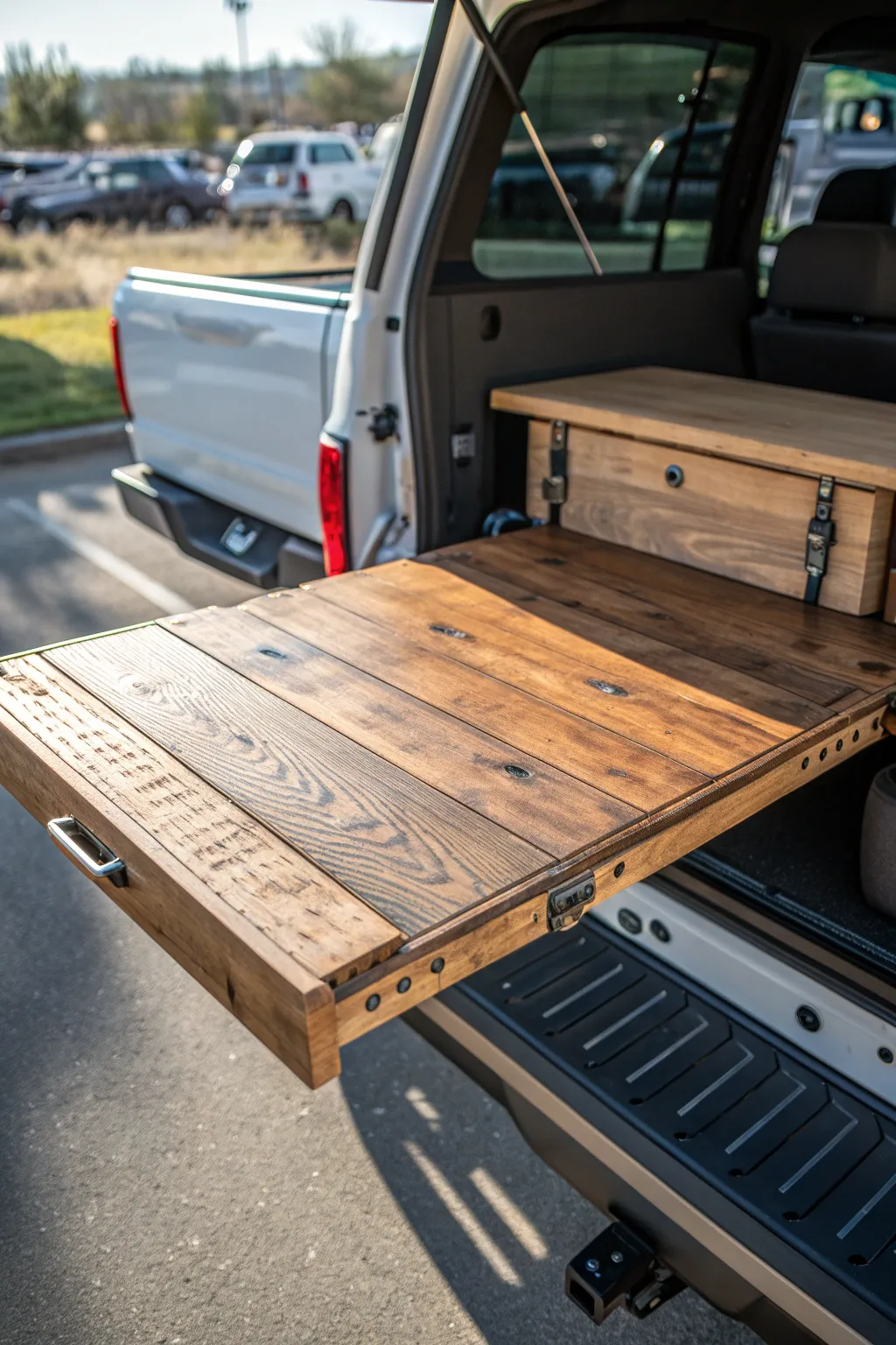 Elevate your truck adventures with a handcrafted fold-down table – the ultimate blend of utility and style.