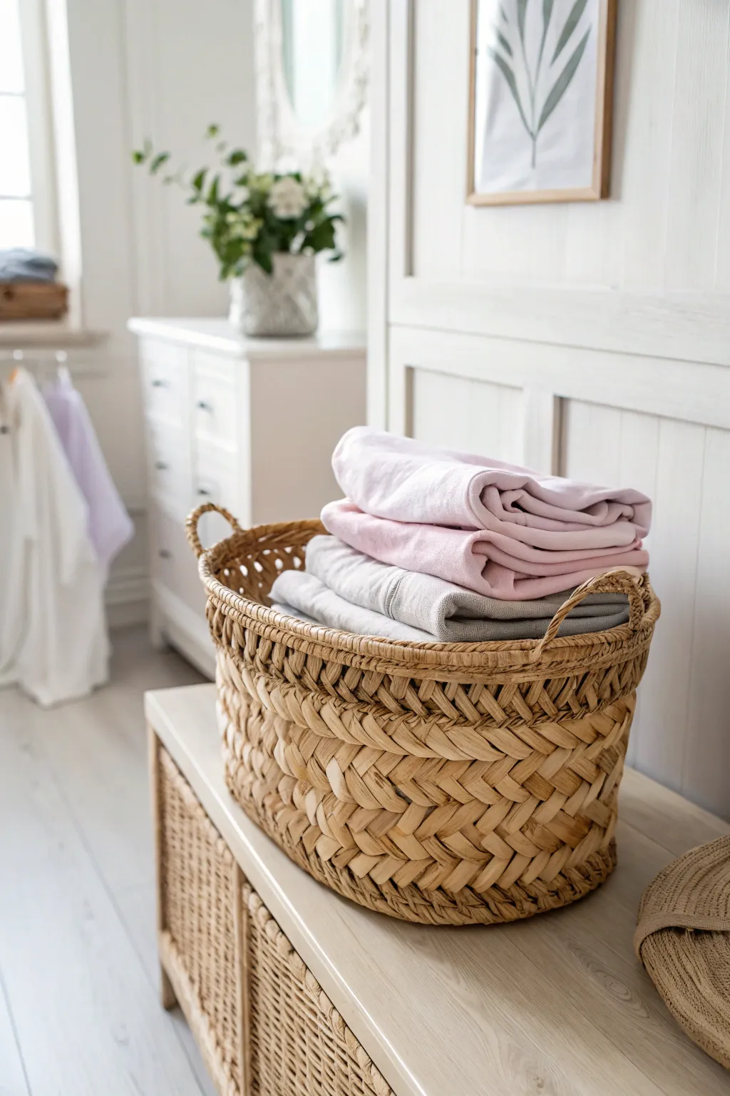Elevate your space with a touch of Scandinavian charm: Discover effortless style with our basket display for t-shirts.