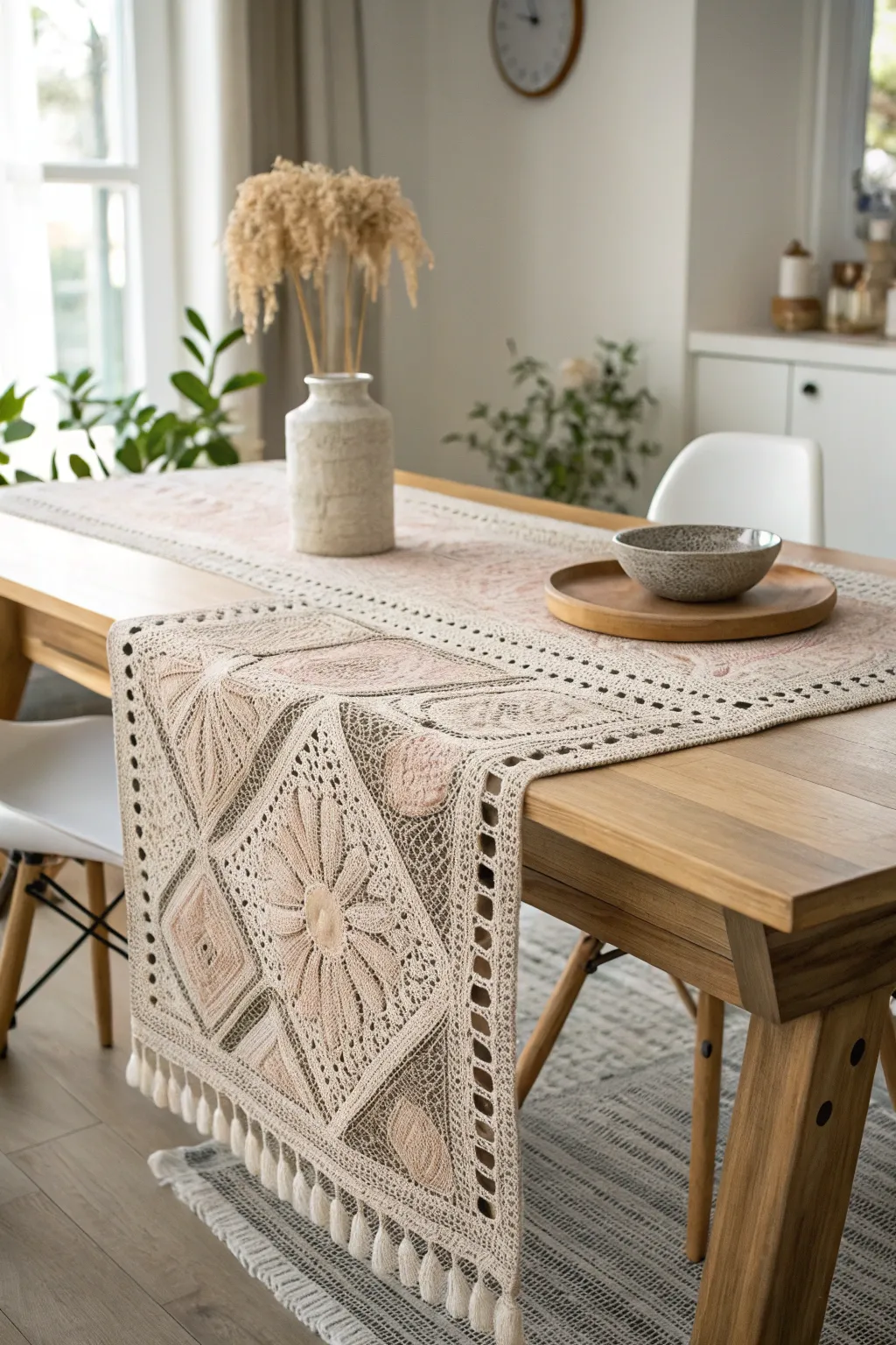 Elevate your dining experience with the timeless beauty of a Tunisian crochet table runner.