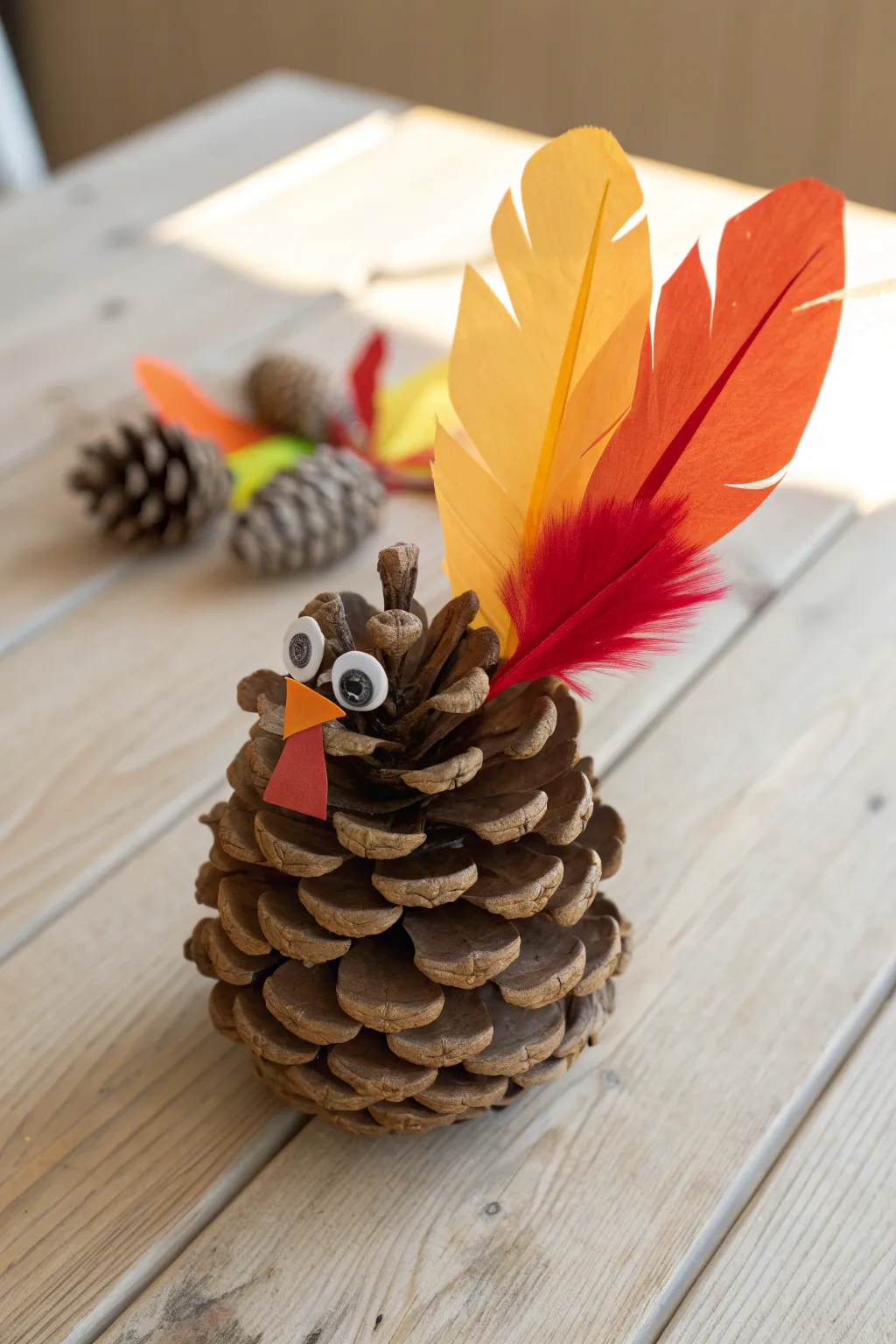 Nature meets creativity: Craft a charming pine cone turkey that brings rustic elegance to your toddler's art projects.