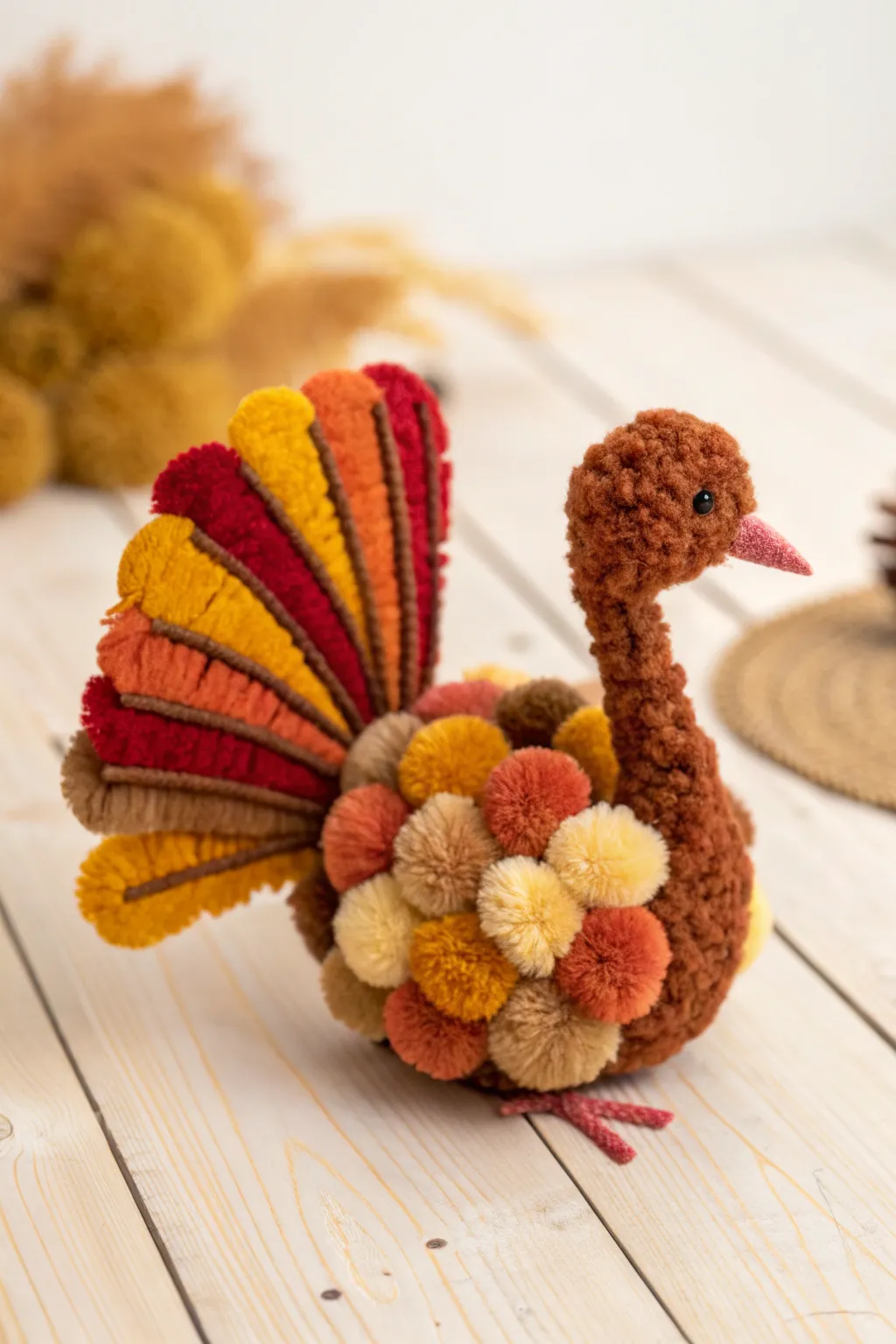 Add a touch of whimsy to your decor with this charming pom pom turkey—where minimalist design meets playful elegance.
