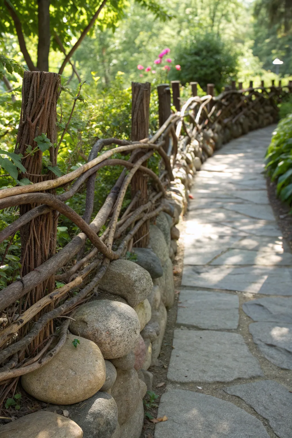Elevate your garden with the timeless charm of a rustic twig and stone fence.