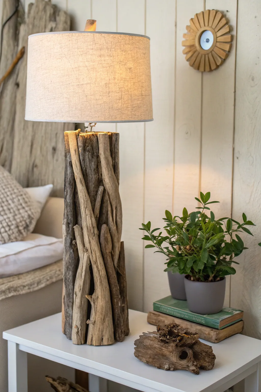 Bring the calming essence of the sea into your home with this stunning driftwood lamp, a perfect blend of rustic charm and minimalist elegance.