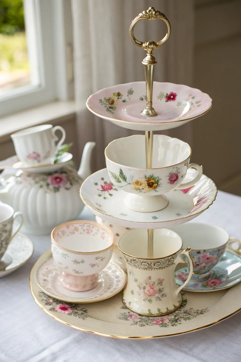 Elevate your gatherings with a charming tiered teacup stand; where elegance meets creativity in every cup and saucer.