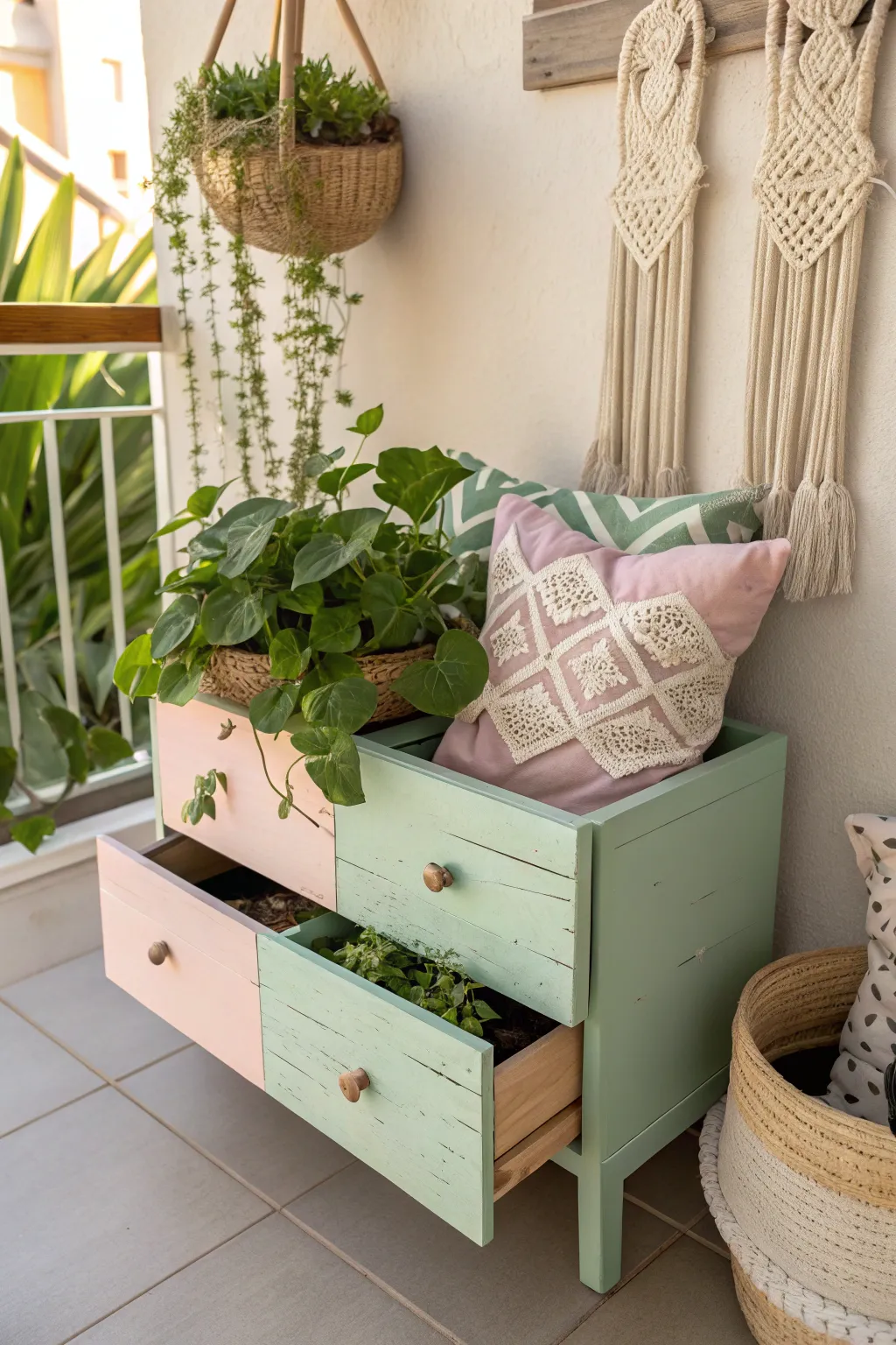 Transform old drawers into charming pastel planter boxes for a touch of natural beauty on your balcony.