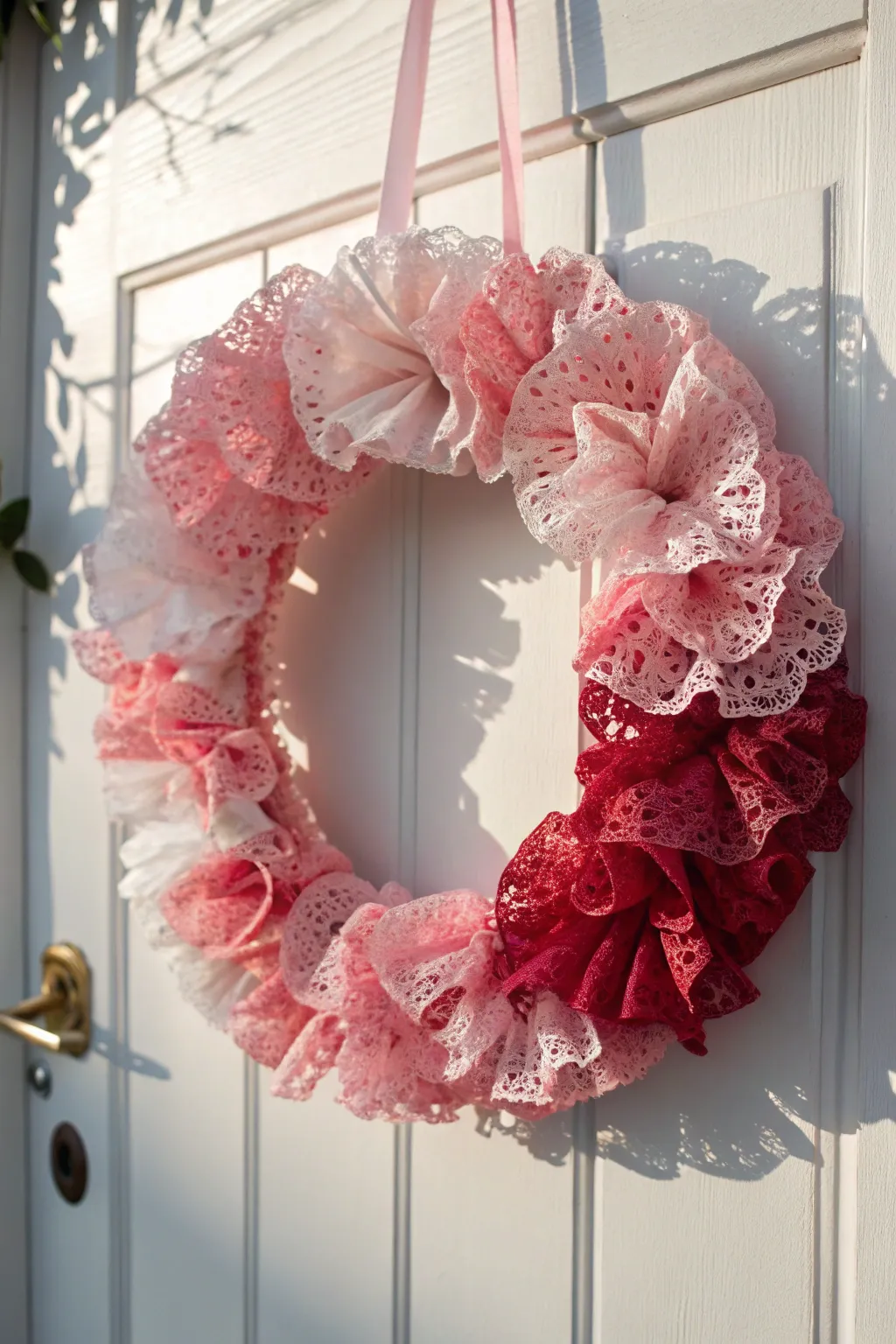 Crafted with love: A delicate coffee filter wreath in romantic hues.