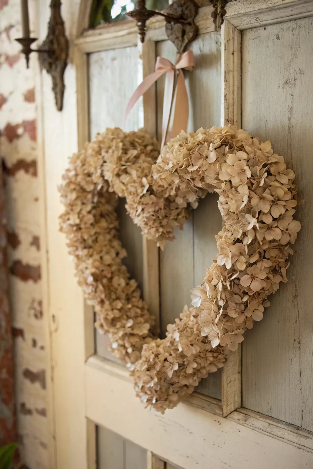 Dried hydrangeas lend a timeless elegance to this heart-shaped wreath.