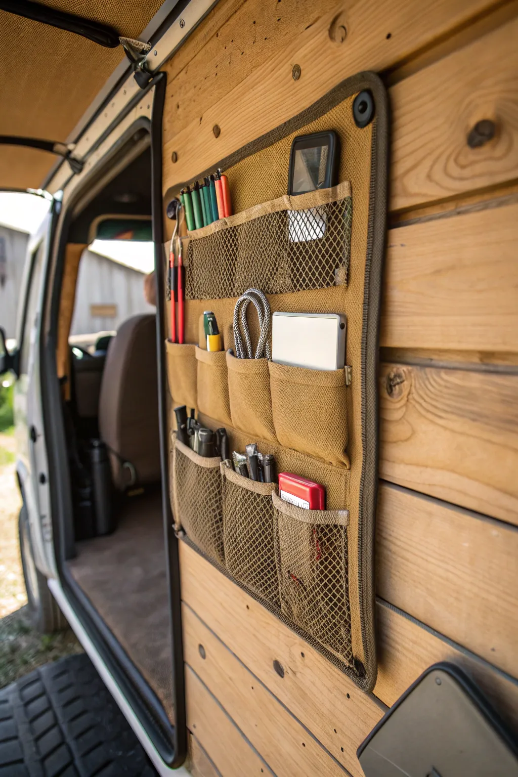 Elevate your van organization with handcrafted mesh pouches – perfect for keeping essentials within easy reach.
