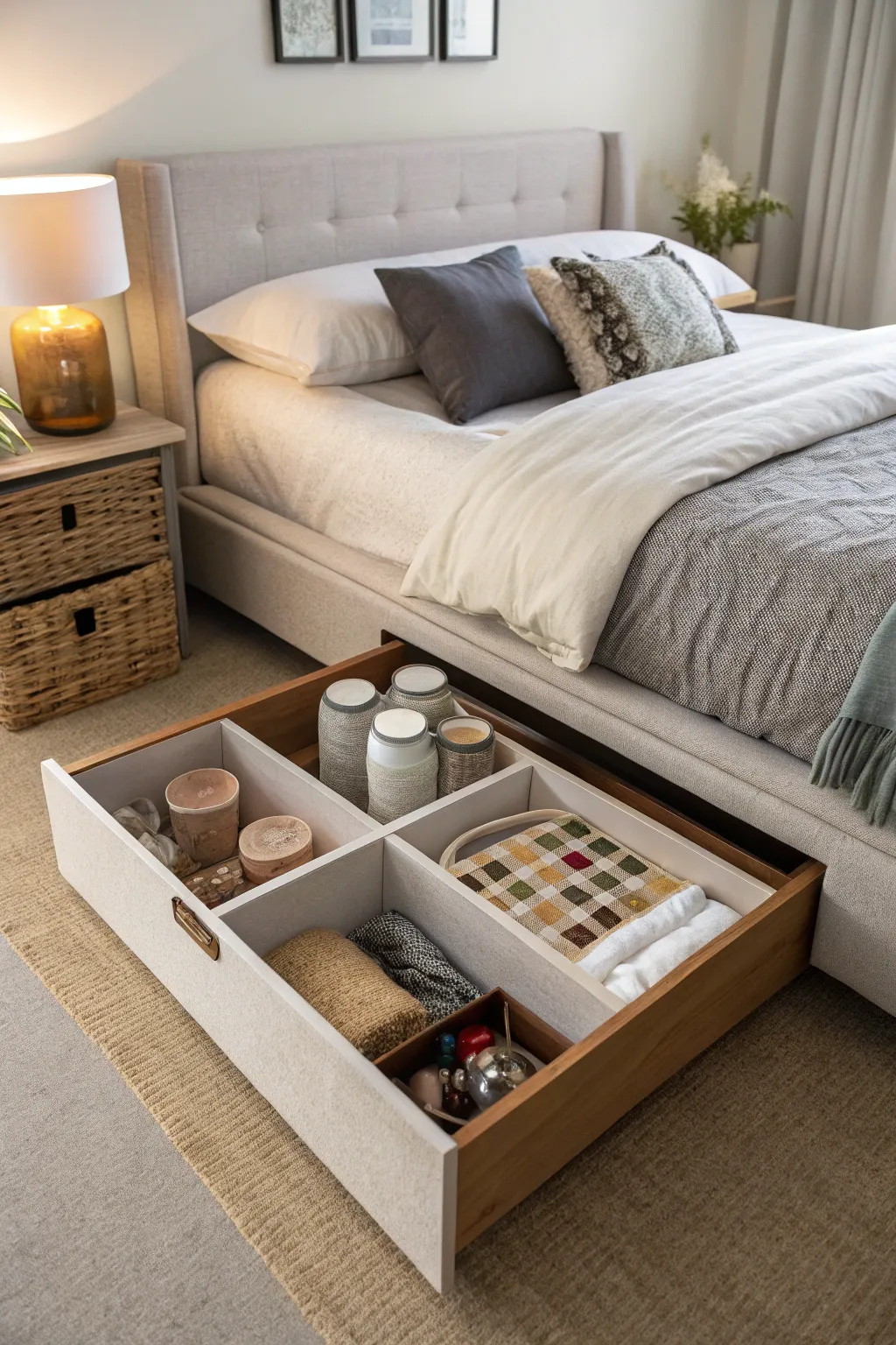 Underbed storage boxes offer a discreet solution for vase storage.