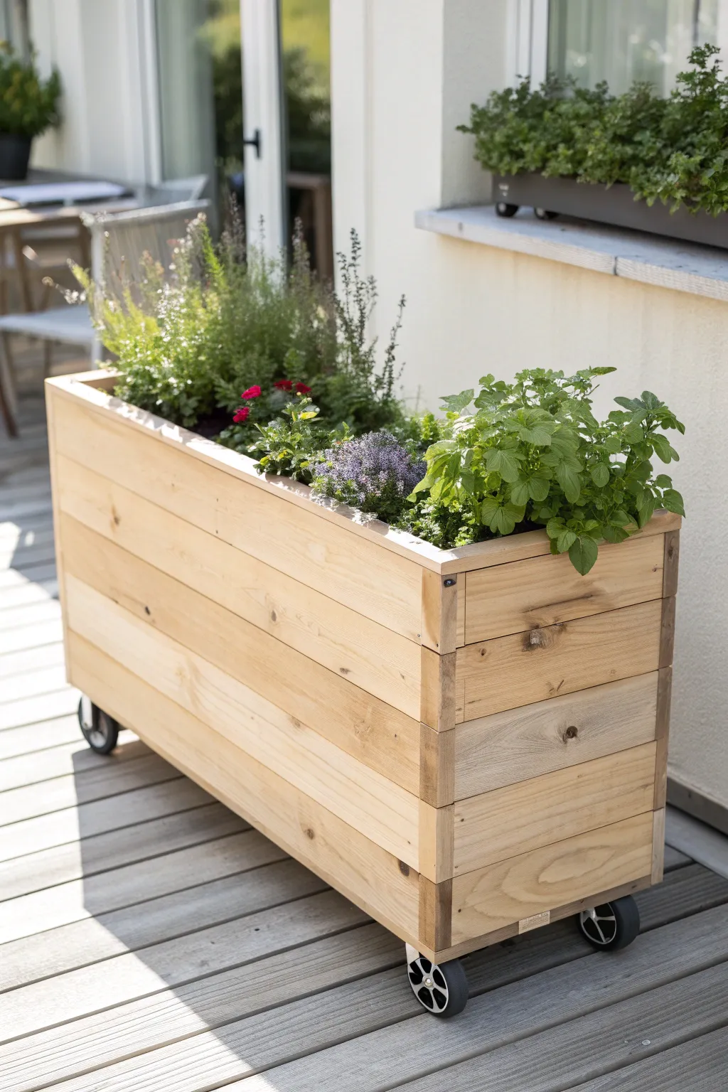 Roll into style with a chic wooden planter box on wheels, perfect for flexible gardening!