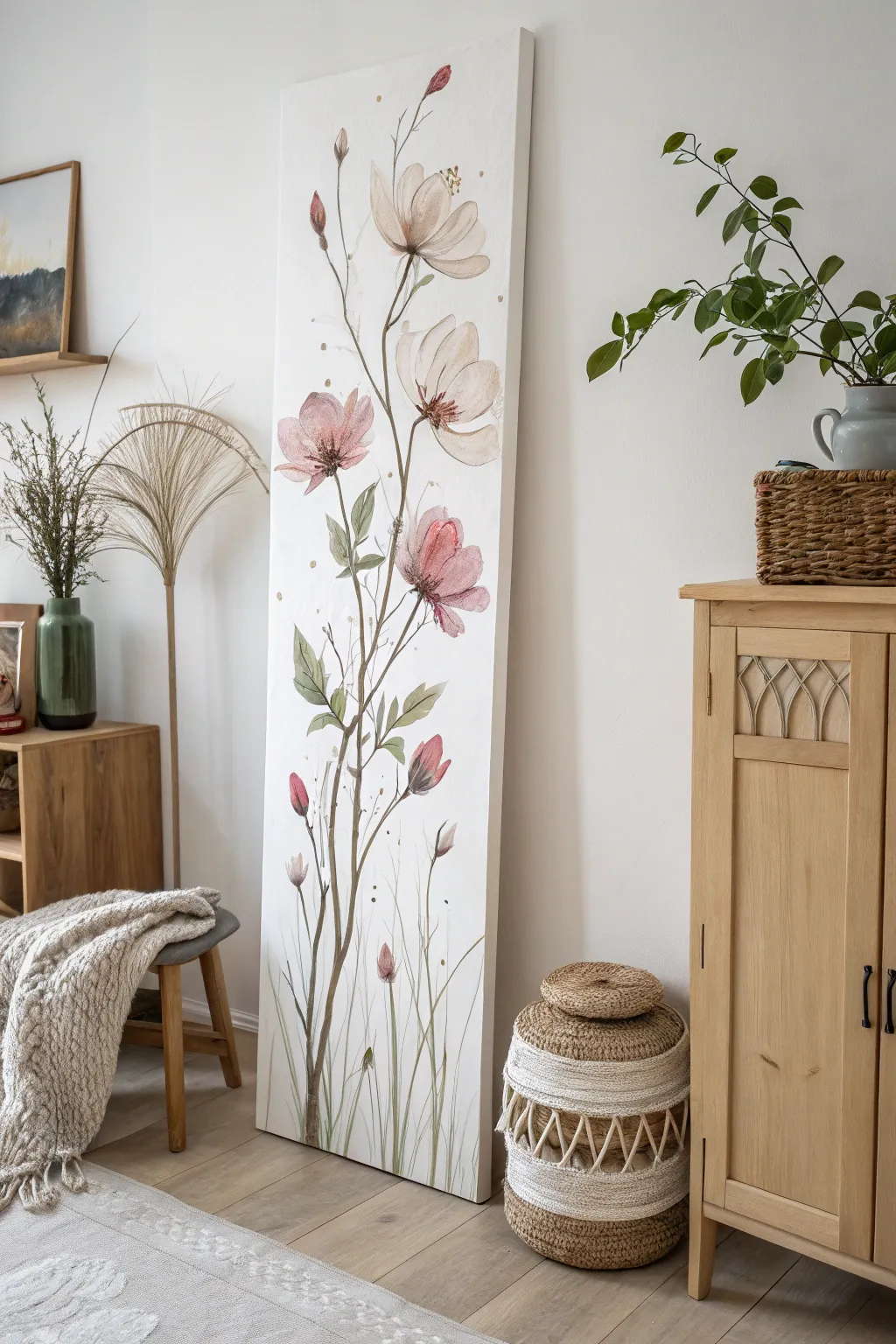 Bring everlasting blooms into your space with a serene vertical floral painting.