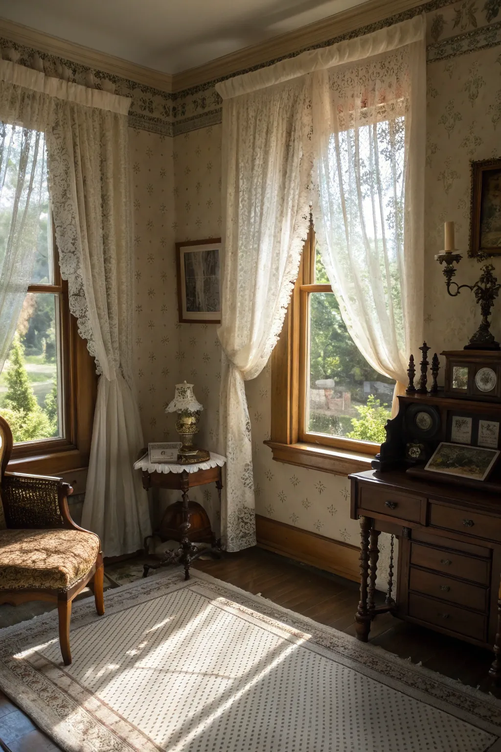 Lace curtains add a touch of historic charm and refinement.