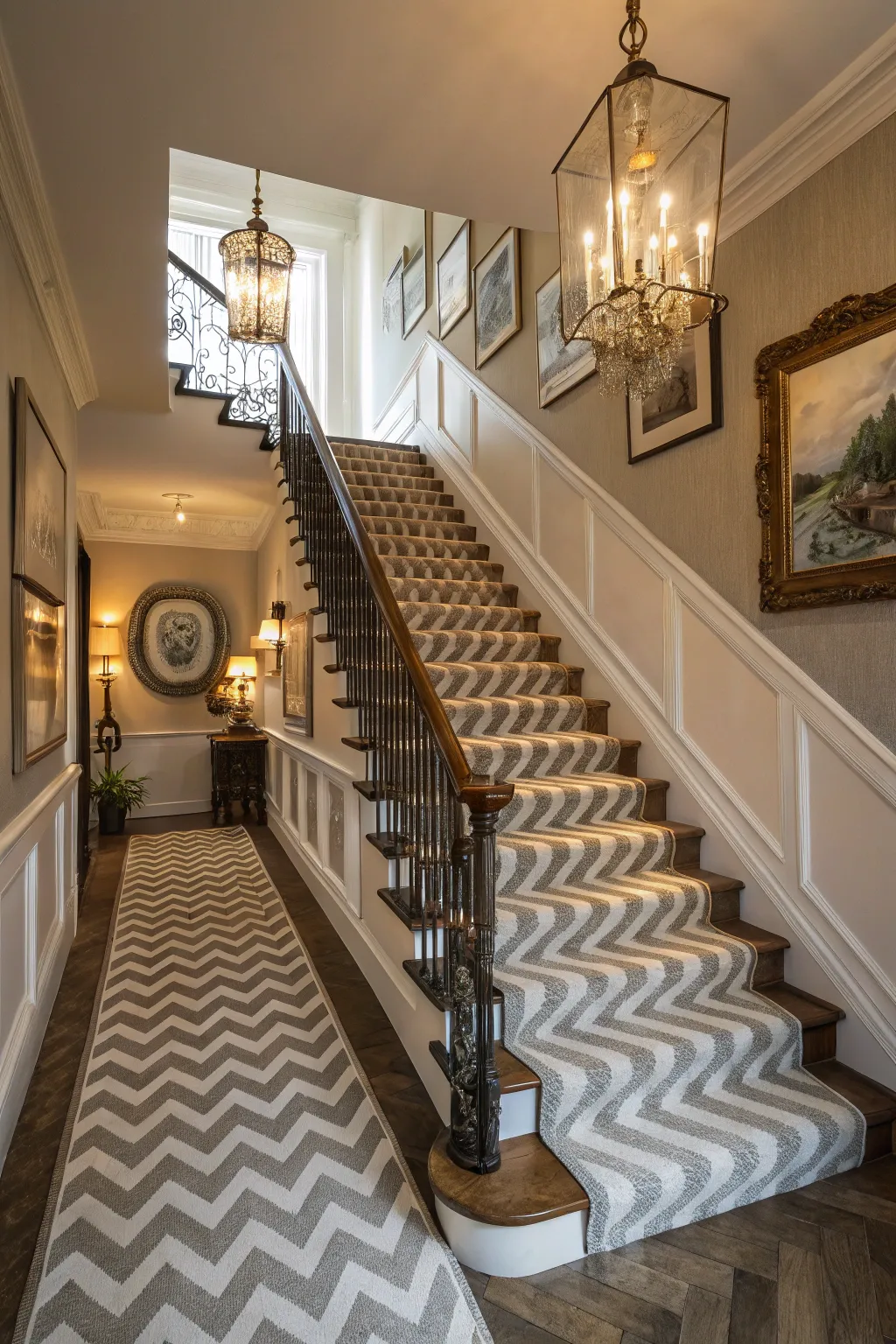 Chevron patterns add sophistication and visual interest to your staircase.