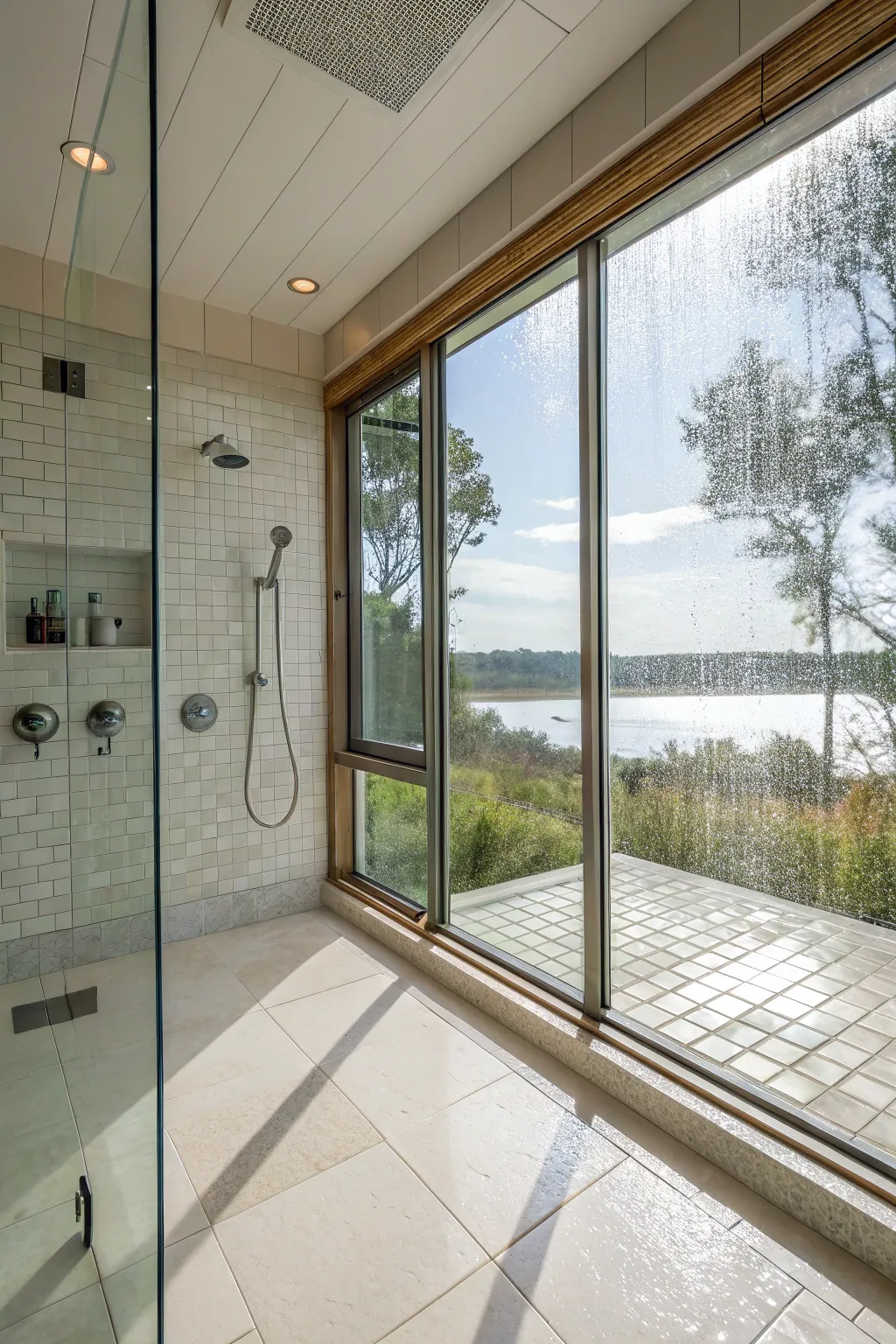 A double shower benefiting from large windows that maximize natural light.
