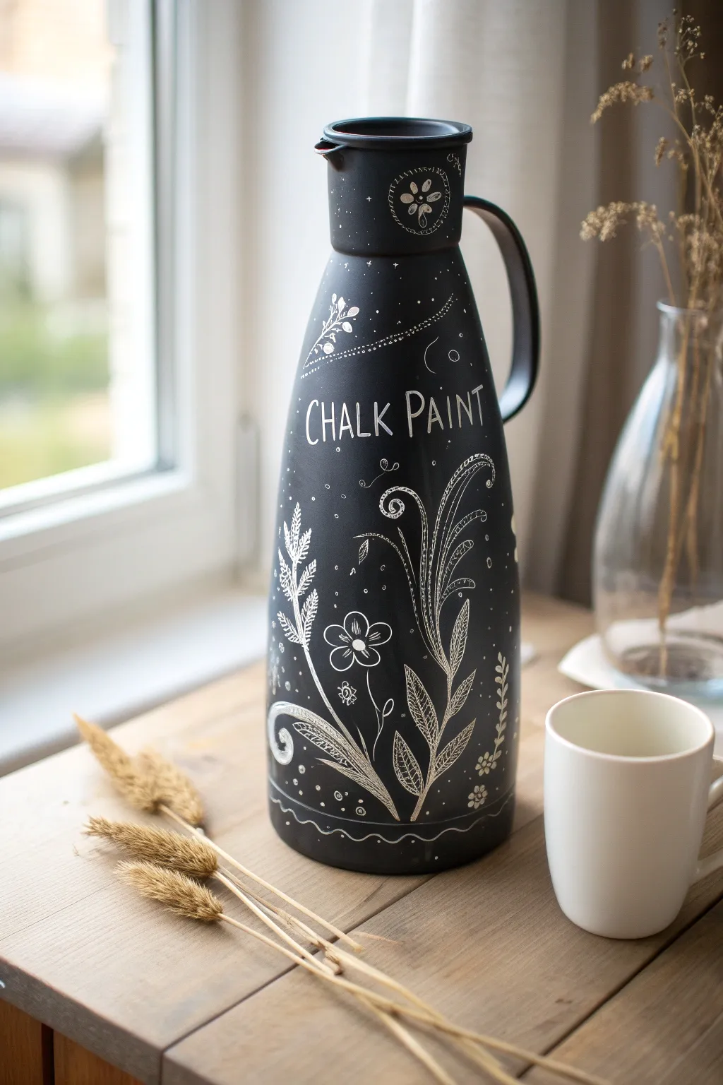Unleash your creativity with a chalkboard-painted jug, turning everyday decor into a dynamic art piece. #ScandiBoho #CreativeDecor