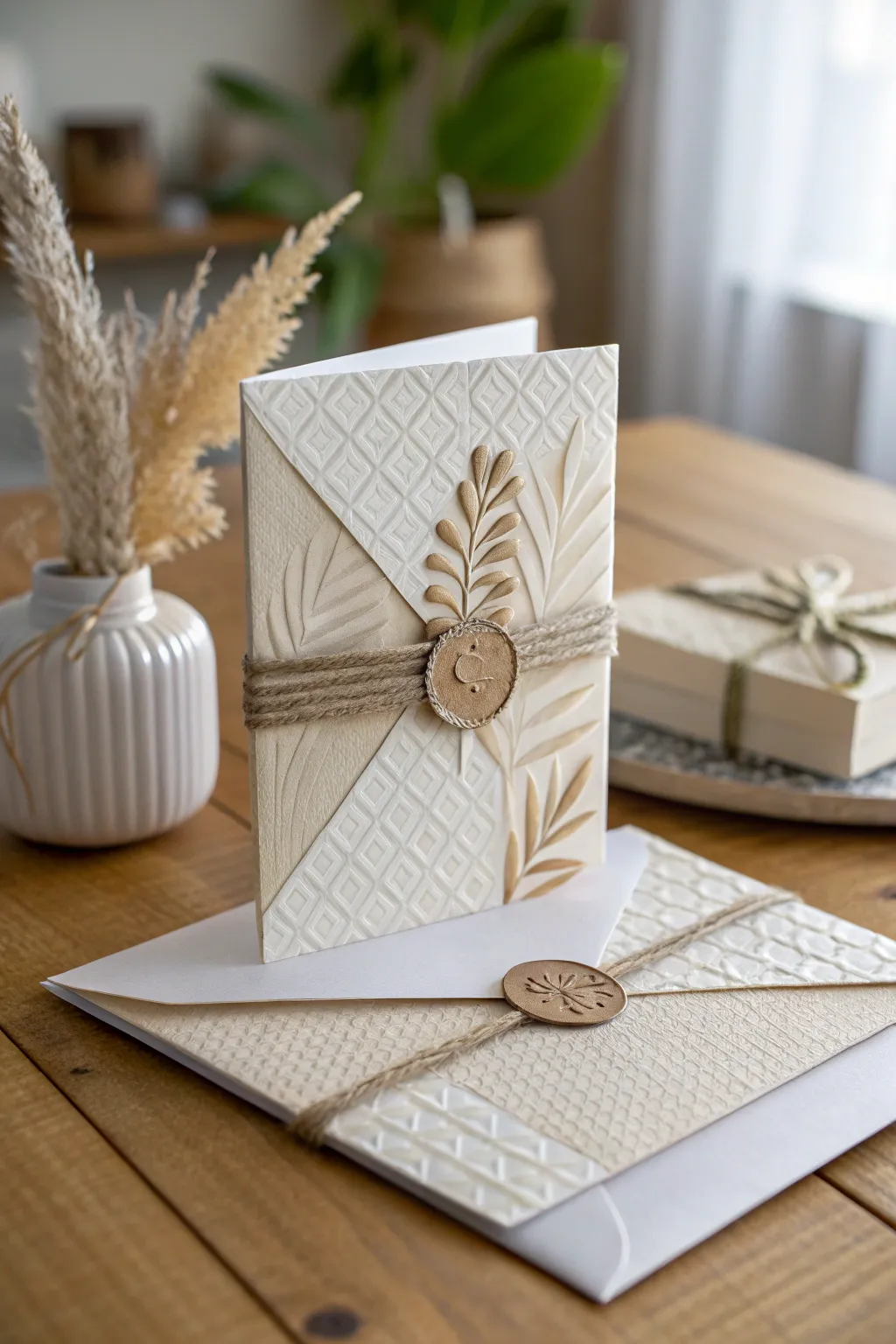 Embrace the beauty of layered textures with a Scandinavian-Boho touch for your wedding cards.