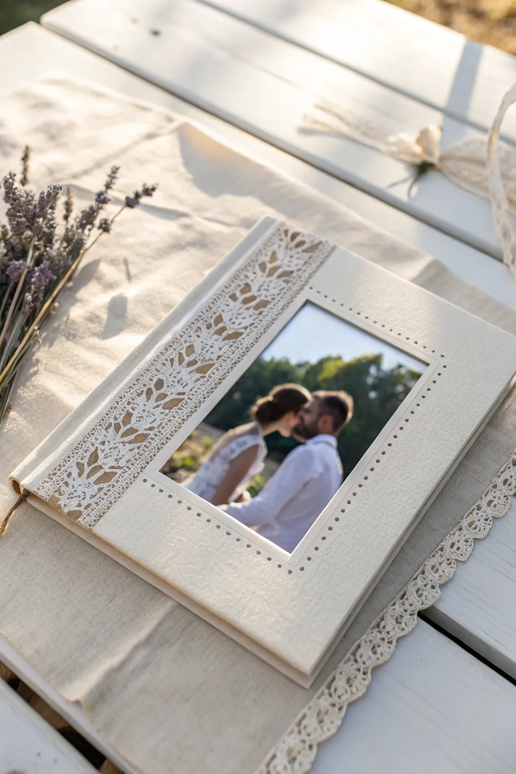 Craft your wedding memories with elegance and simplicity using lace-patterned borders.