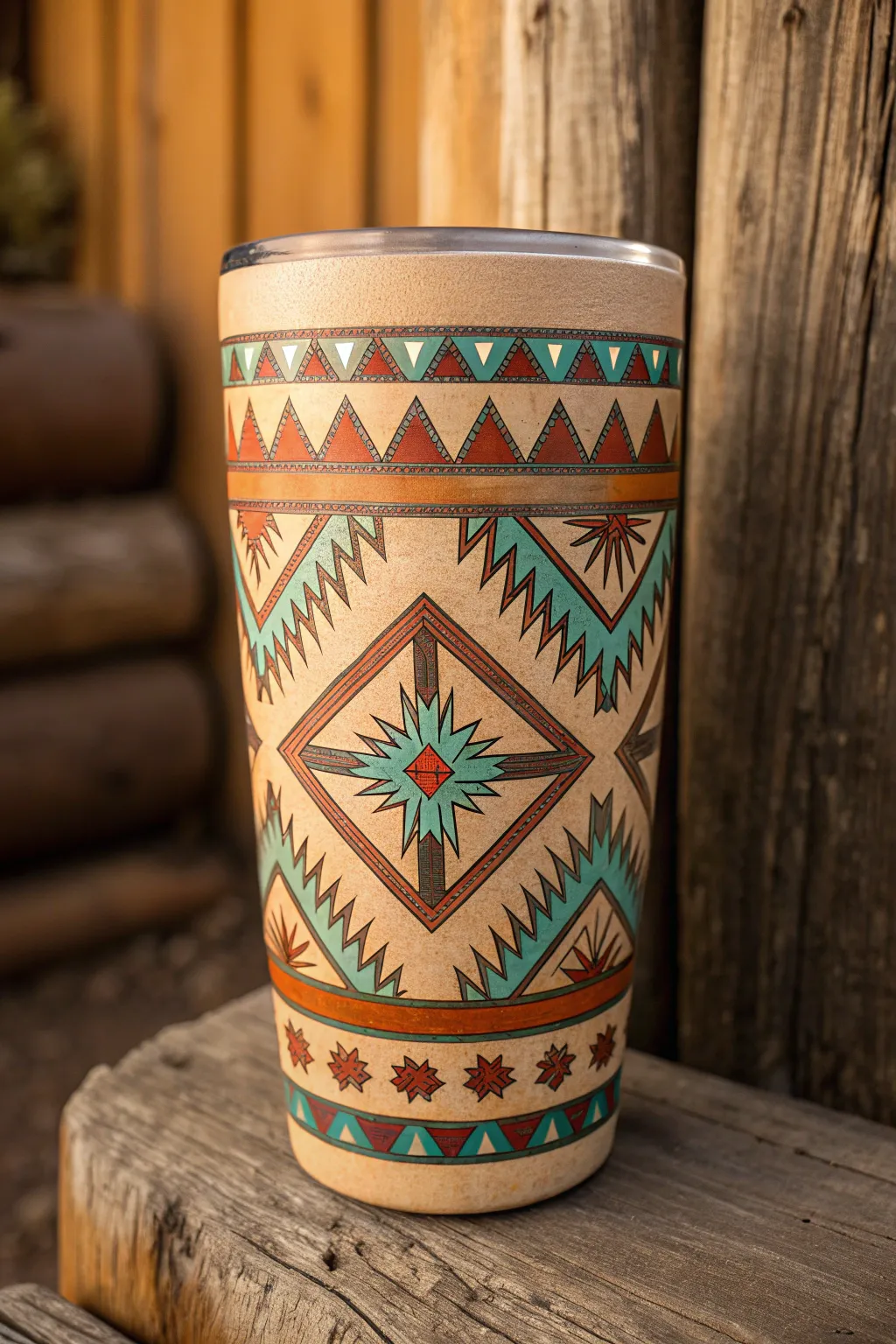 Discover the art of southwestern geometrics with this handcrafted tumbler, where sharp lines meet earthy elegance.