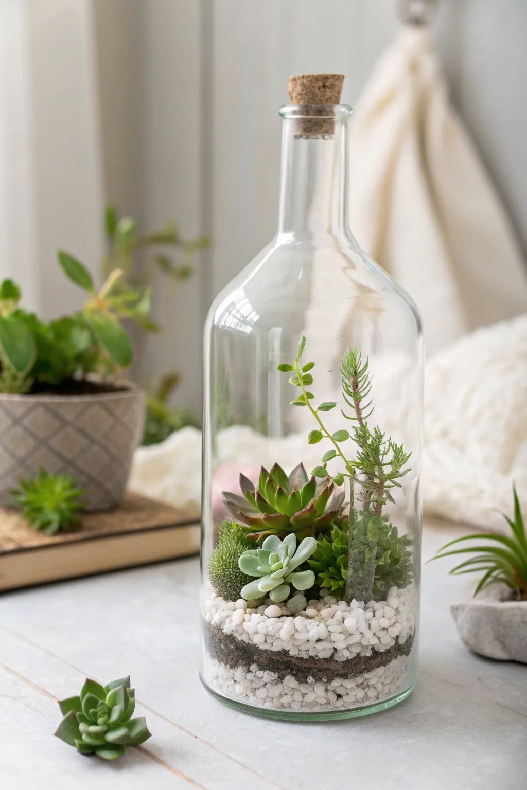 Transform your space with a touch of nature - a simple glass bottle terrarium that exudes elegance and calm.