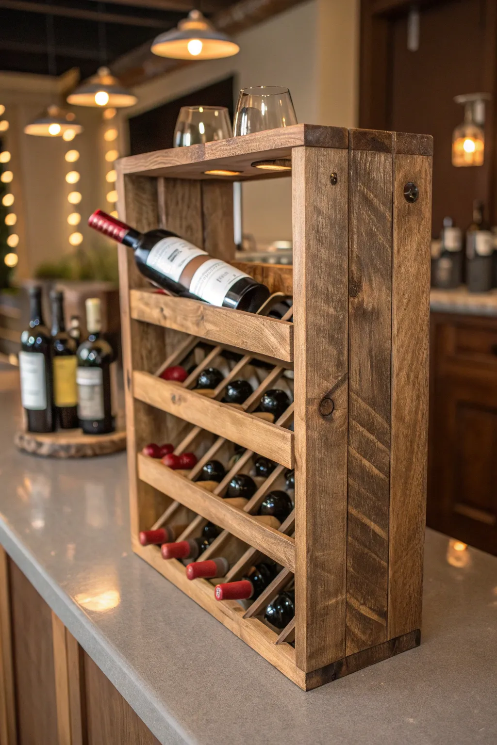 Crafted with care: A bespoke wine rack from leftover wood that transforms any space.