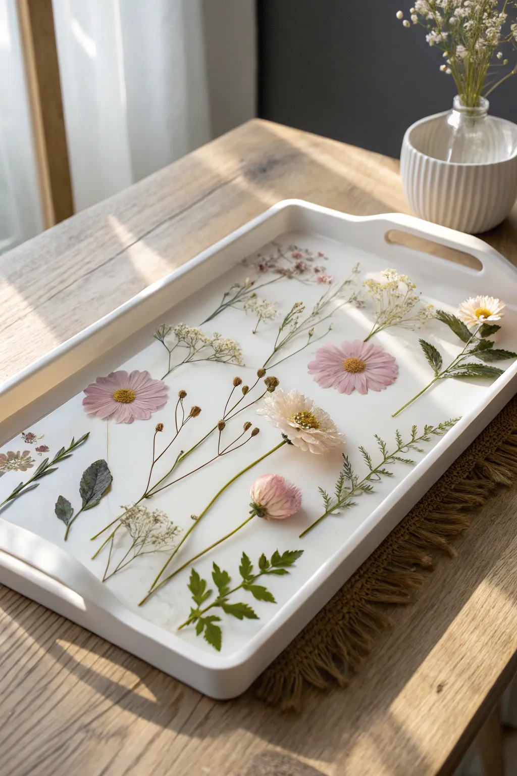 Elevate your decor with a handcrafted pressed flower tray - a perfect blend of elegance and nature.