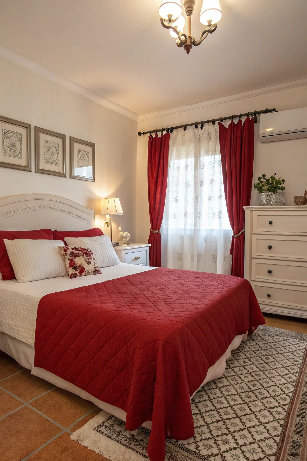 A rich red bedspread serves as the dramatic centerpiece of this elegant bedroom.
