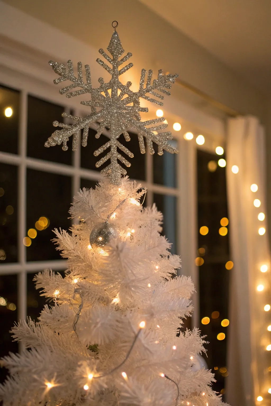 A crystal snowflake adds sparkle and elegance to this Christmas tree.