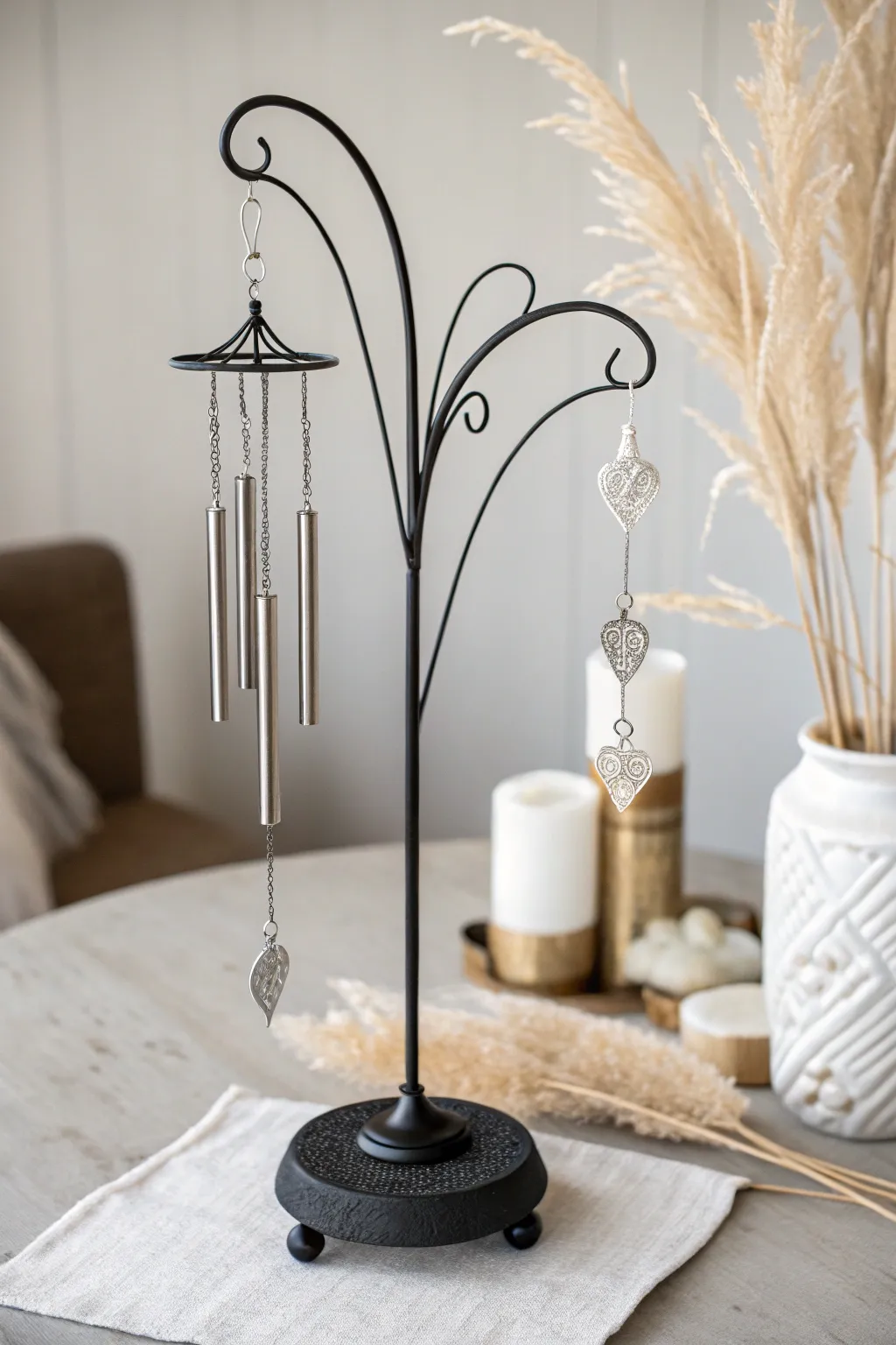 Embrace simplicity with this elegant minimalist metal stand, the perfect showcase for your favorite wind chimes.