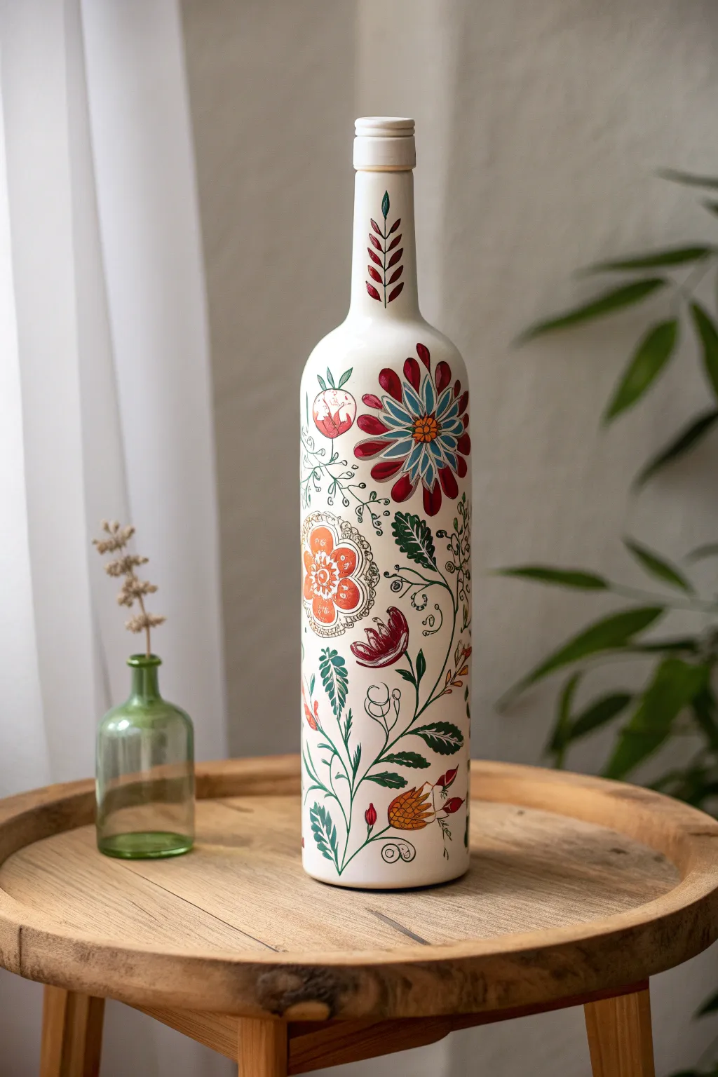 Transform a simple wine bottle into a vibrant work of art with intricate floral designs.