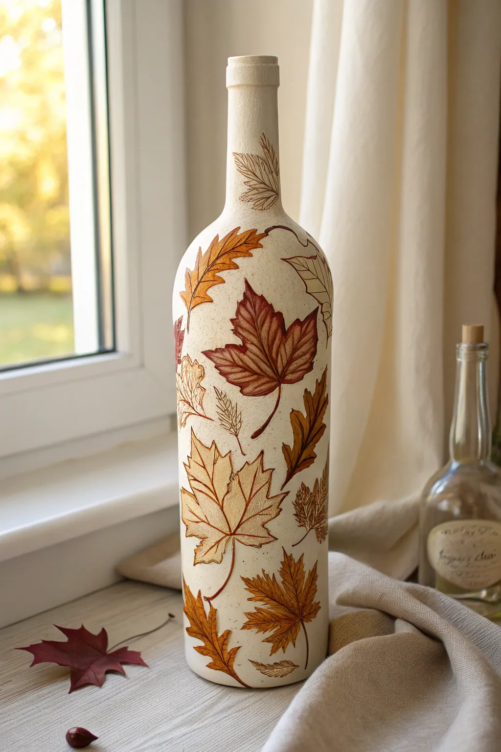 Embrace the season with a touch of artistry - a wine bottle dressed in autumn's finest leaves.