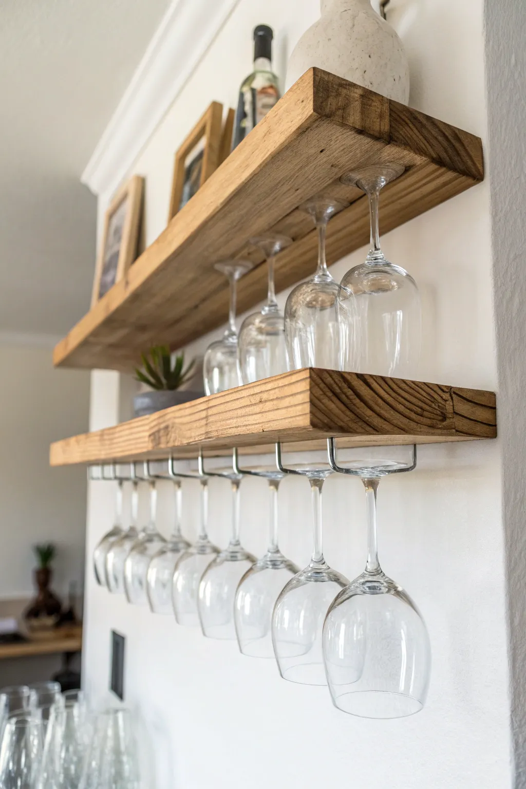 Elevate your space with this chic floating shelf wine glass holder – where minimalist design meets functional elegance.