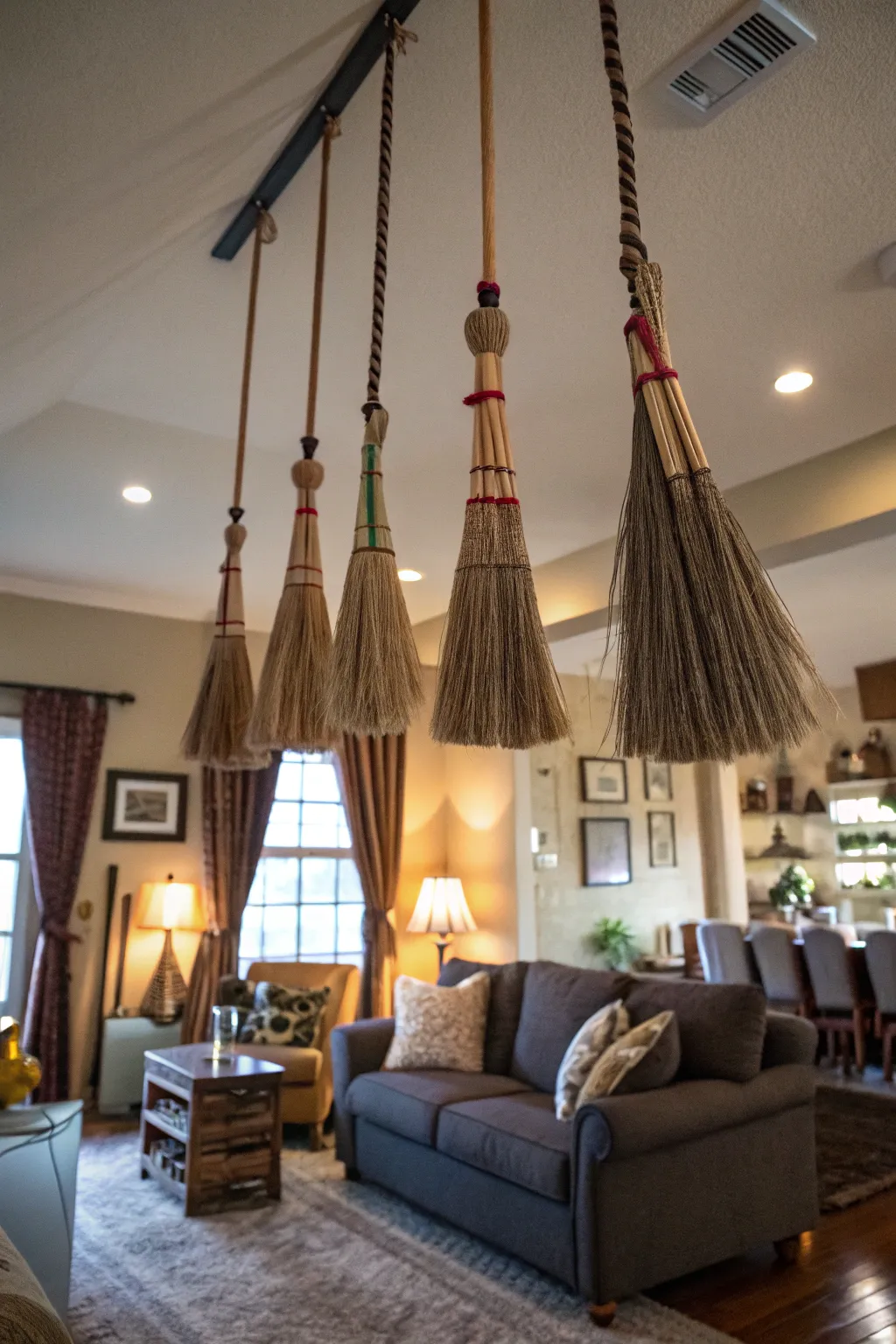 Create a captivating display with hanging witch brooms.