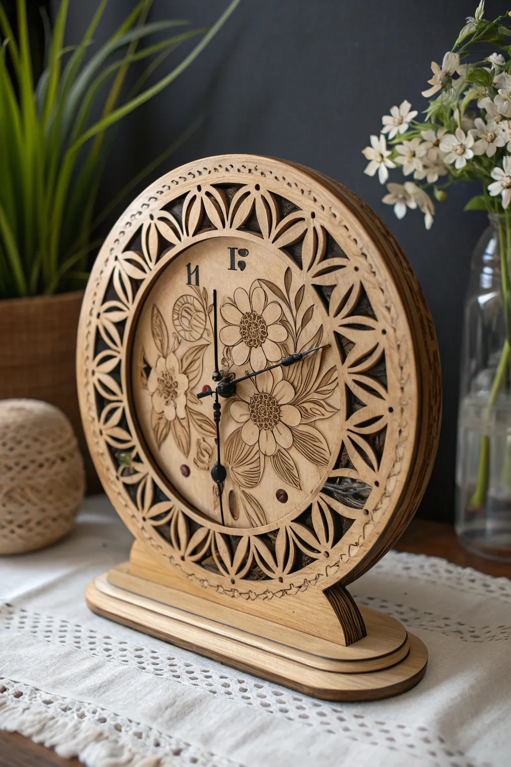 Embrace elegance with this intricately crafted floral wood-burning clock, a masterpiece of artisanal design.