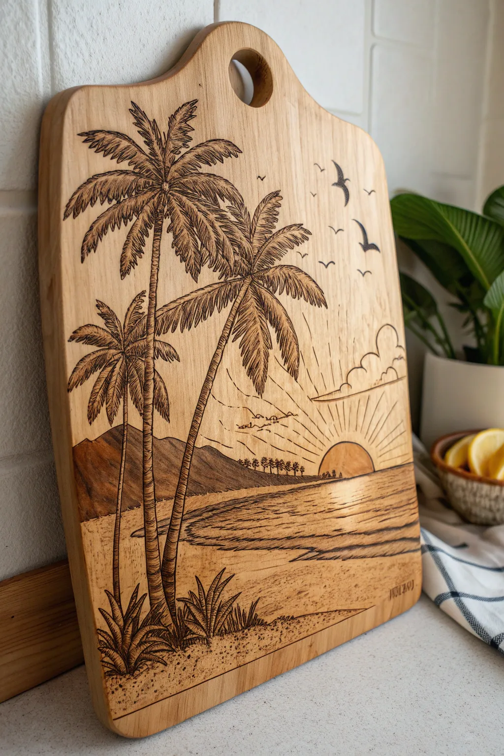 Transform your kitchen with this stunning wood-burned beach scene cutting board—where artistry meets function.