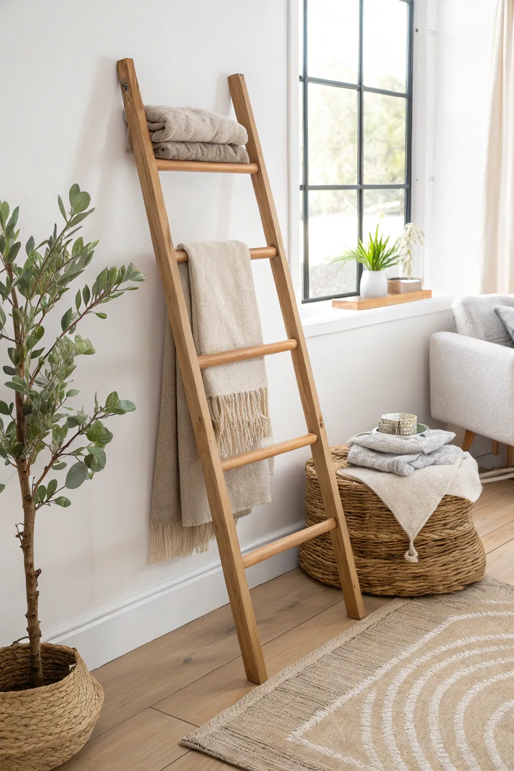 Elevate your space with a charming wooden blanket ladder, the perfect blend of style and functionality.