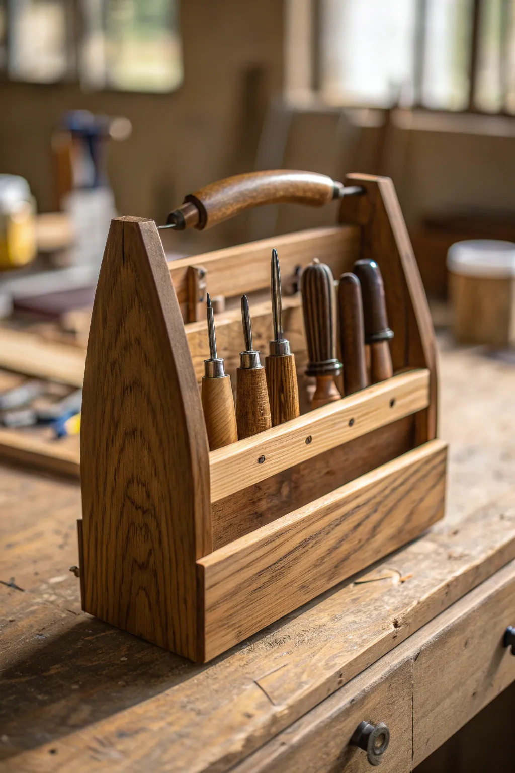 Maximize your workspace with this handcrafted, compact tool caddy - the perfect blend of organization and elegance for the discerning craftsman.