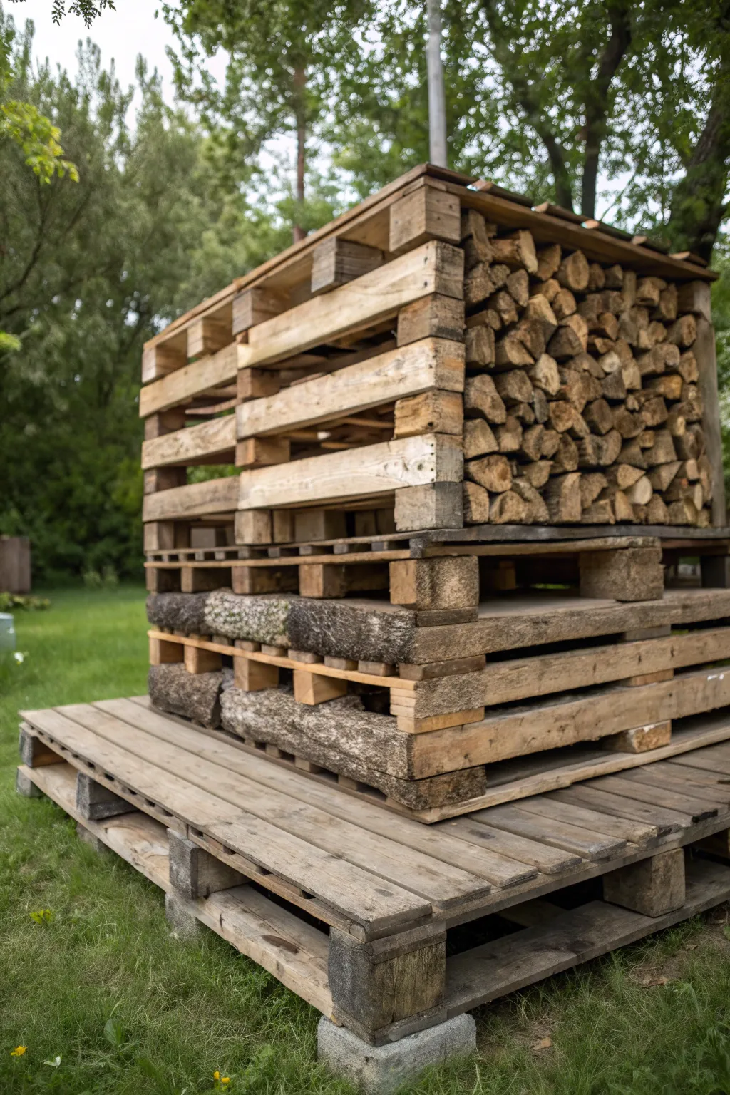 Elevate your wood storage game with a rustic pallet platform—keeping your firewood dry and pest-free.