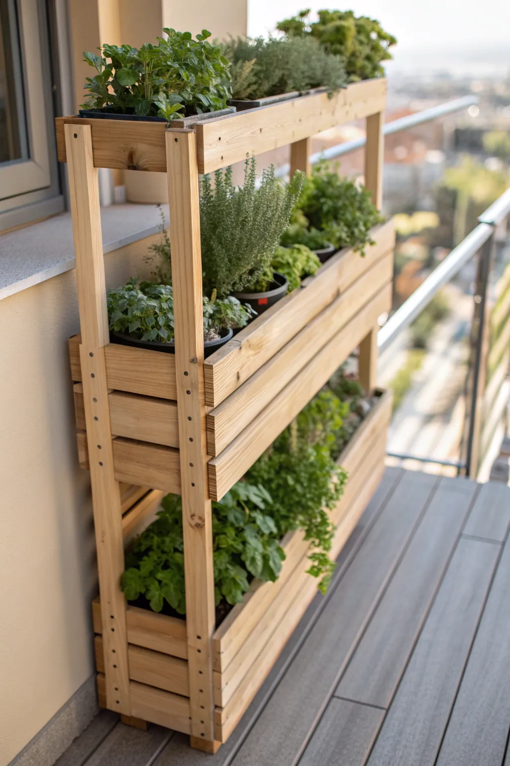 Elevate your balcony with a minimalist wood slat garden planter—perfect for adding lush greenery to small spaces.
